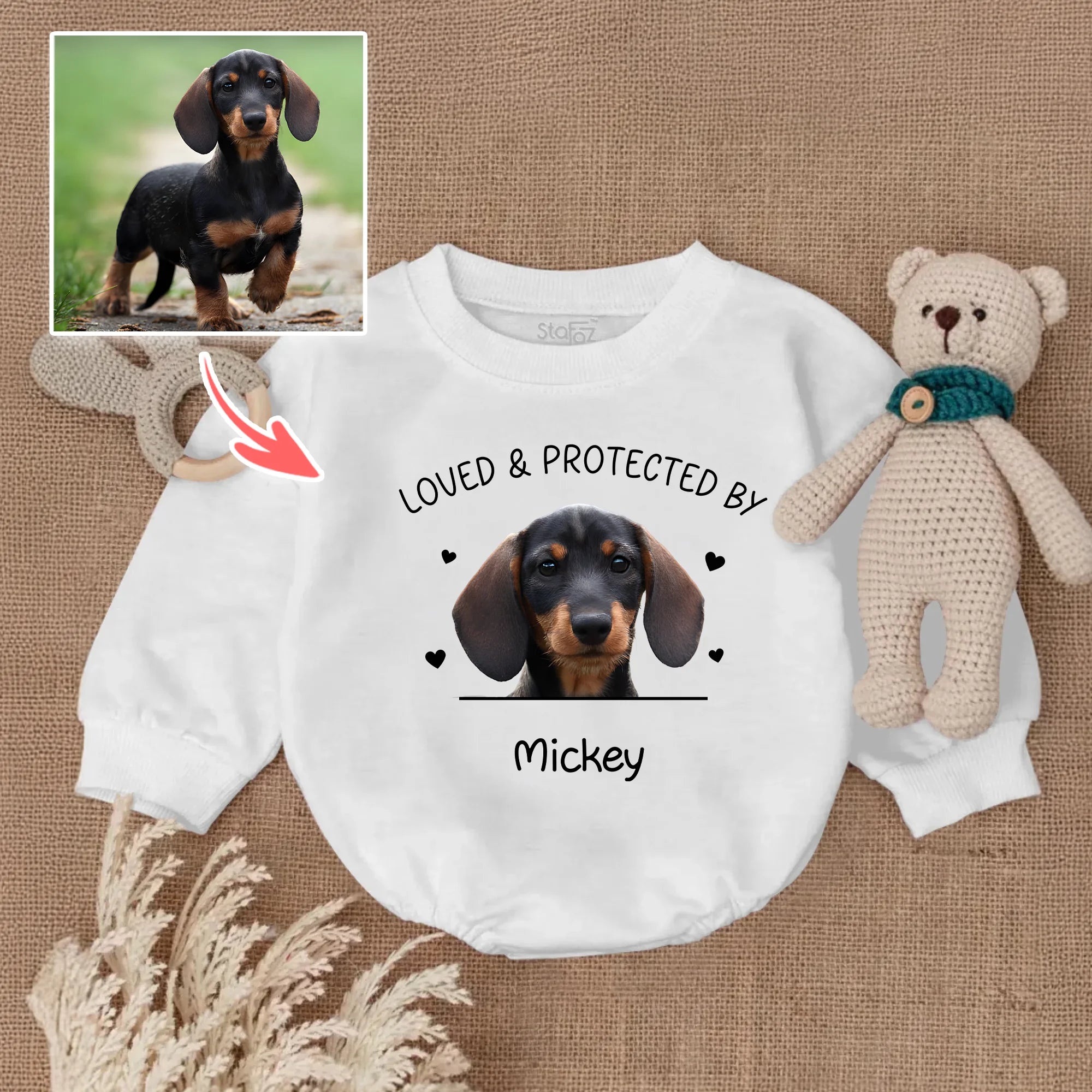 Personalized Dog Photo Baby Romper, “Protected by My Dog” Babygrow, New Baby Gift, Dog Owner Baby Outfit, Pet Photo Baby Bubble Romper