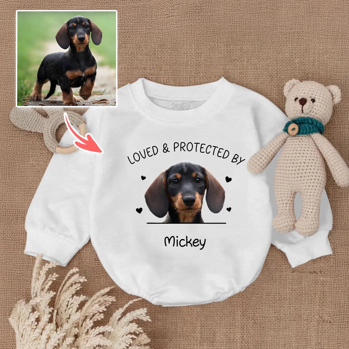 Personalized Dog Photo Baby Romper, “Protected by My Dog” Babygrow, New Baby Gift, Dog Owner Baby Outfit, Pet Photo Baby Bubble Romper