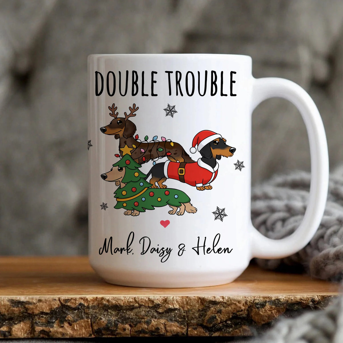 Custom Dachshund Christmas Mug, Double Trouble Holiday Dachshunds