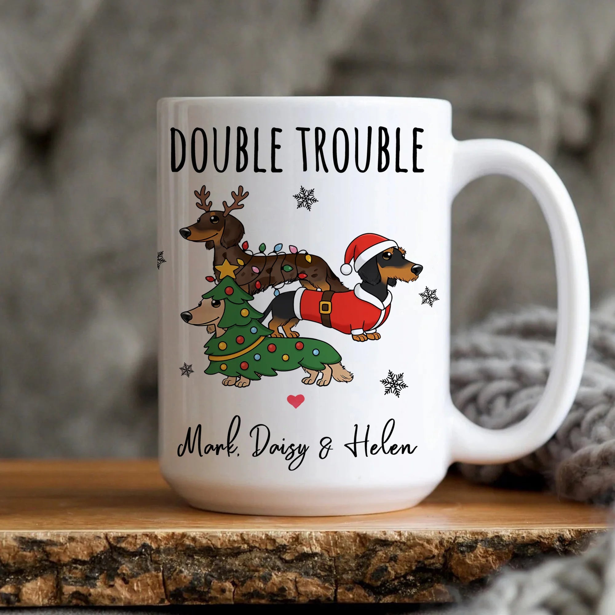Custom Dachshund Christmas Mug, Double Trouble Holiday Dachshunds