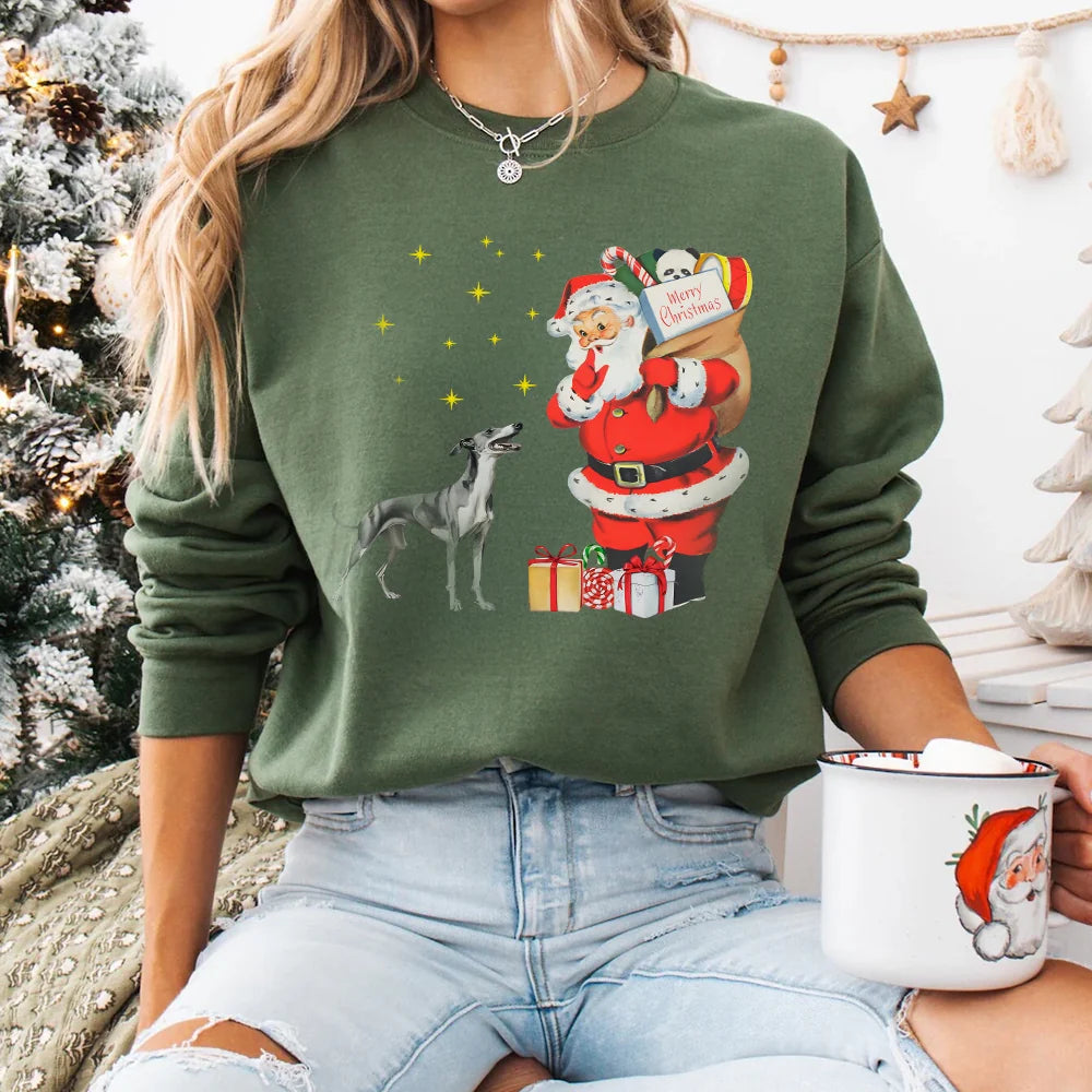 Vintage Greyhound Santa Christmas Sweatshirt, Greyhound Sweatshirt