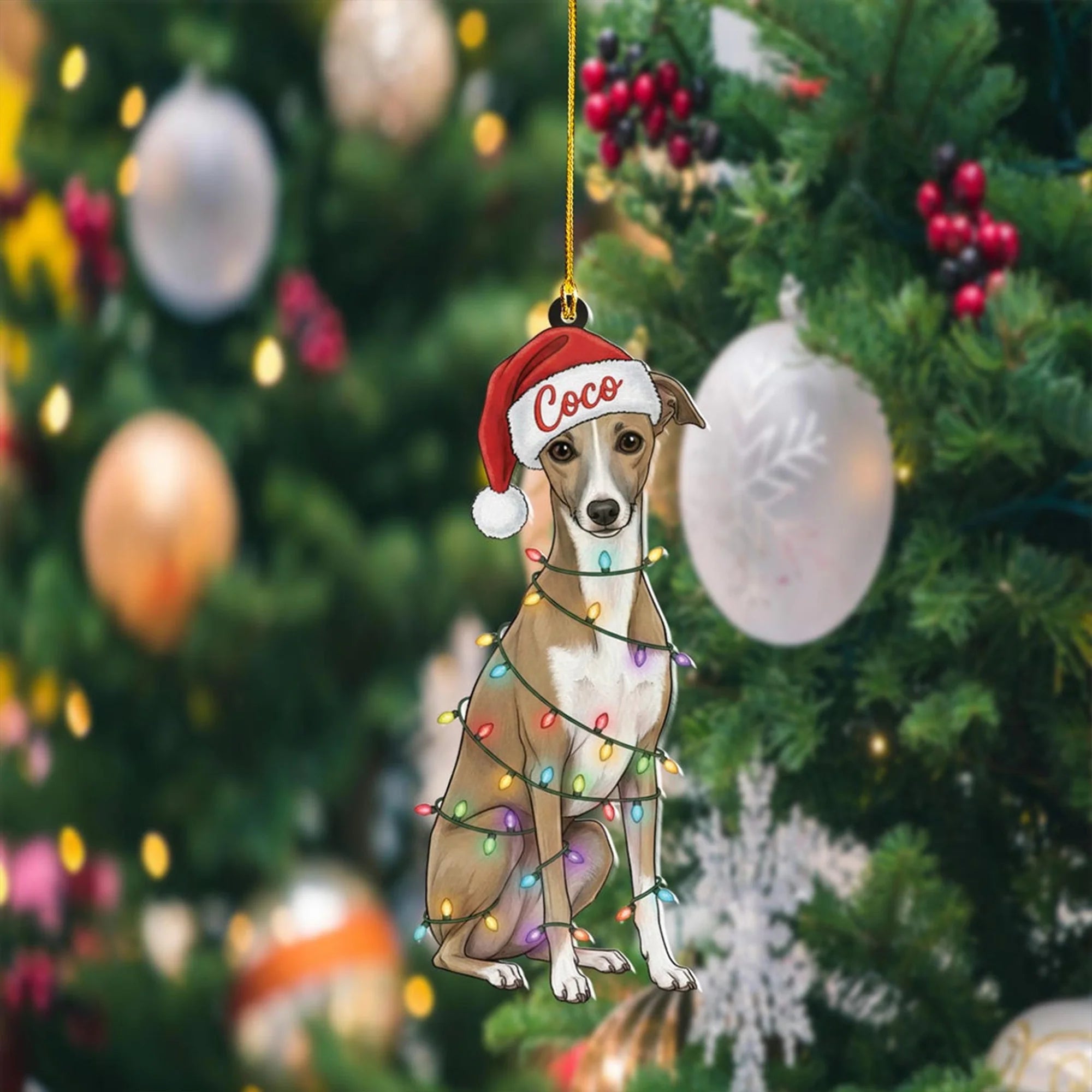 Custom Italian Greyhound Ornament with Pet Name, Christmas Lights Wrapped Dog