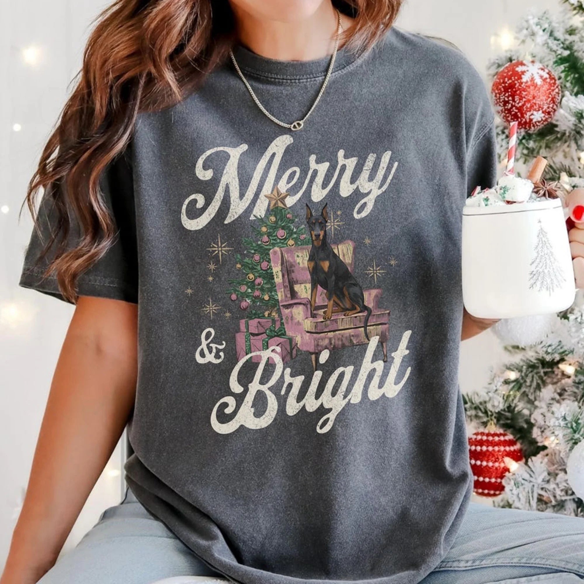Doberman Pinscher Comfort Colors T-Shirt | Merry and Bright Doberman Christmas Shirt