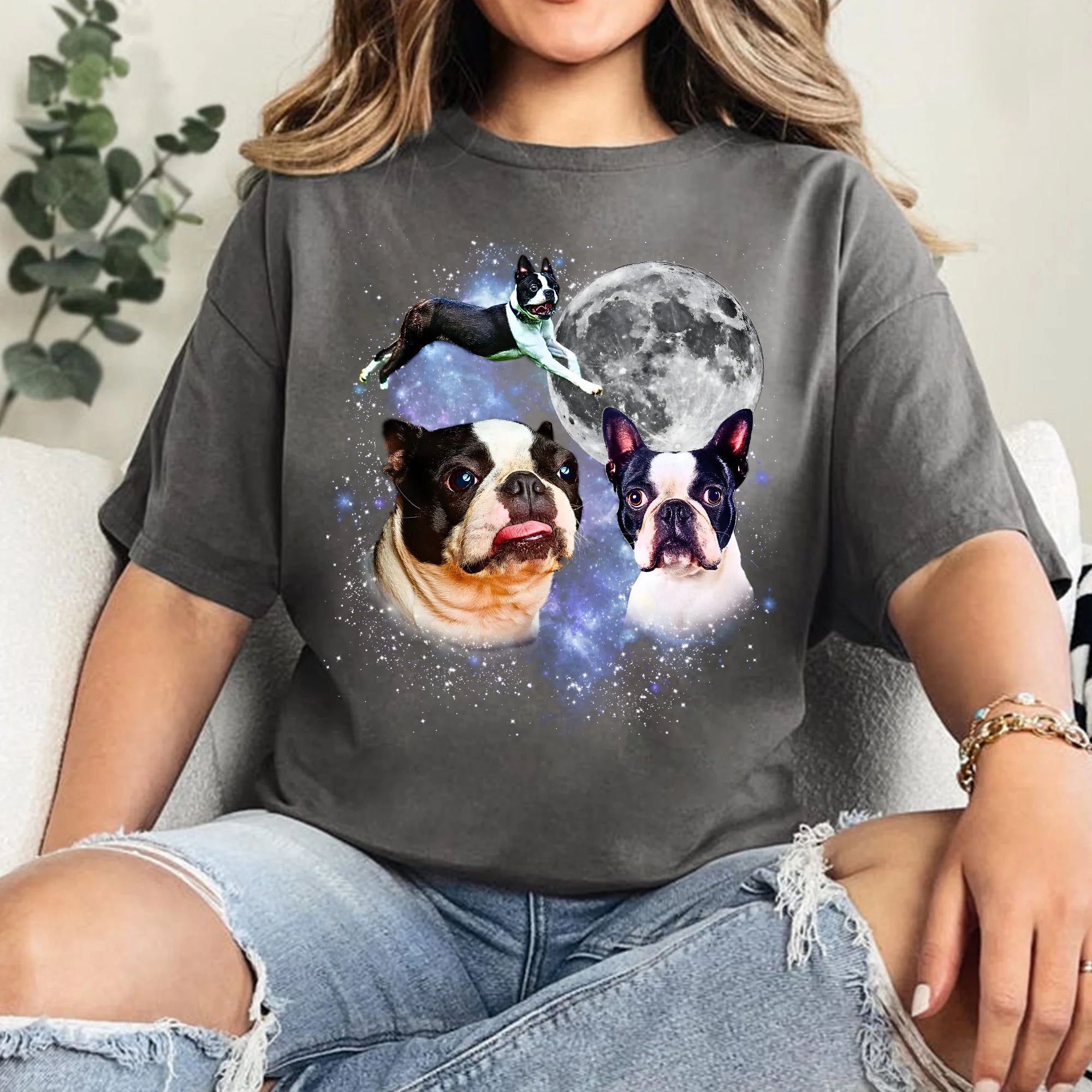 Three Boston Terrier Moon T-Shirt, Boston Terrier Galaxy Tee, Space Dog Lovers Top