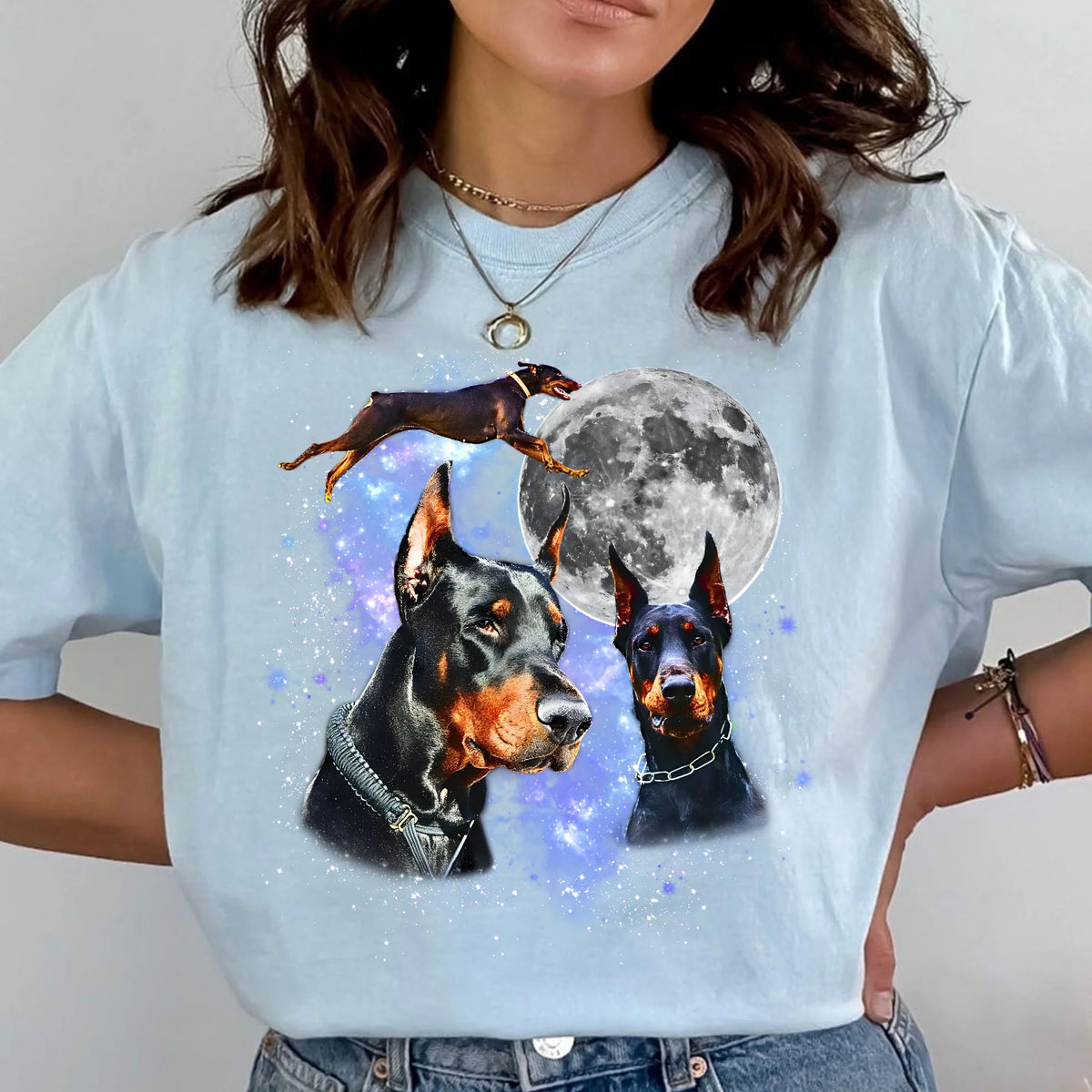 Three Doberman Moon T-Shirt, Doberman Pinscher Galaxy Tee
