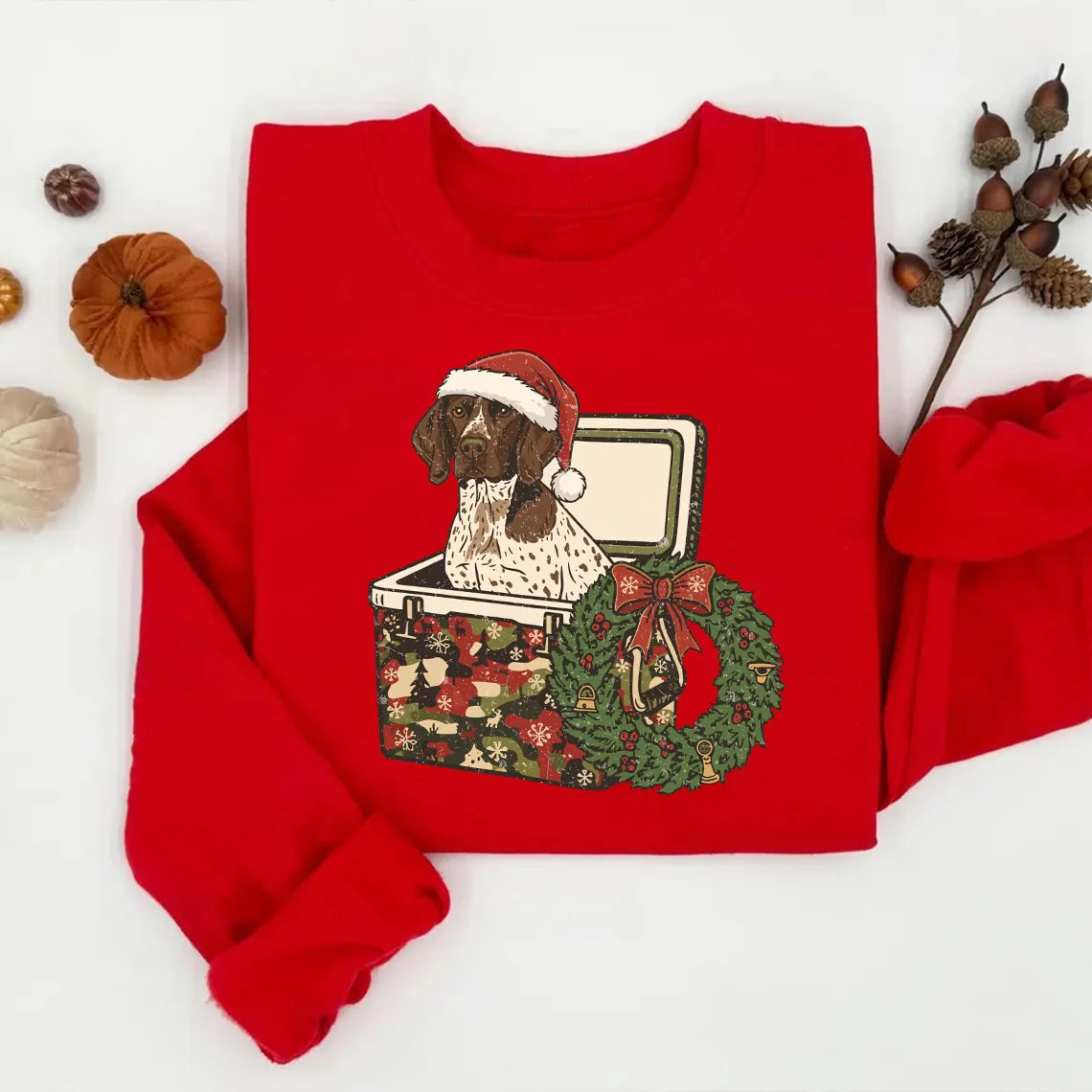 German pointer in Santa hat and Camo Cooler Sweatshirt