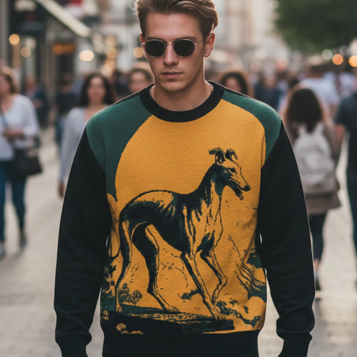 Greyhound Knitted Sweater – Elegant Dog Portrait Crewneck with Black Trim