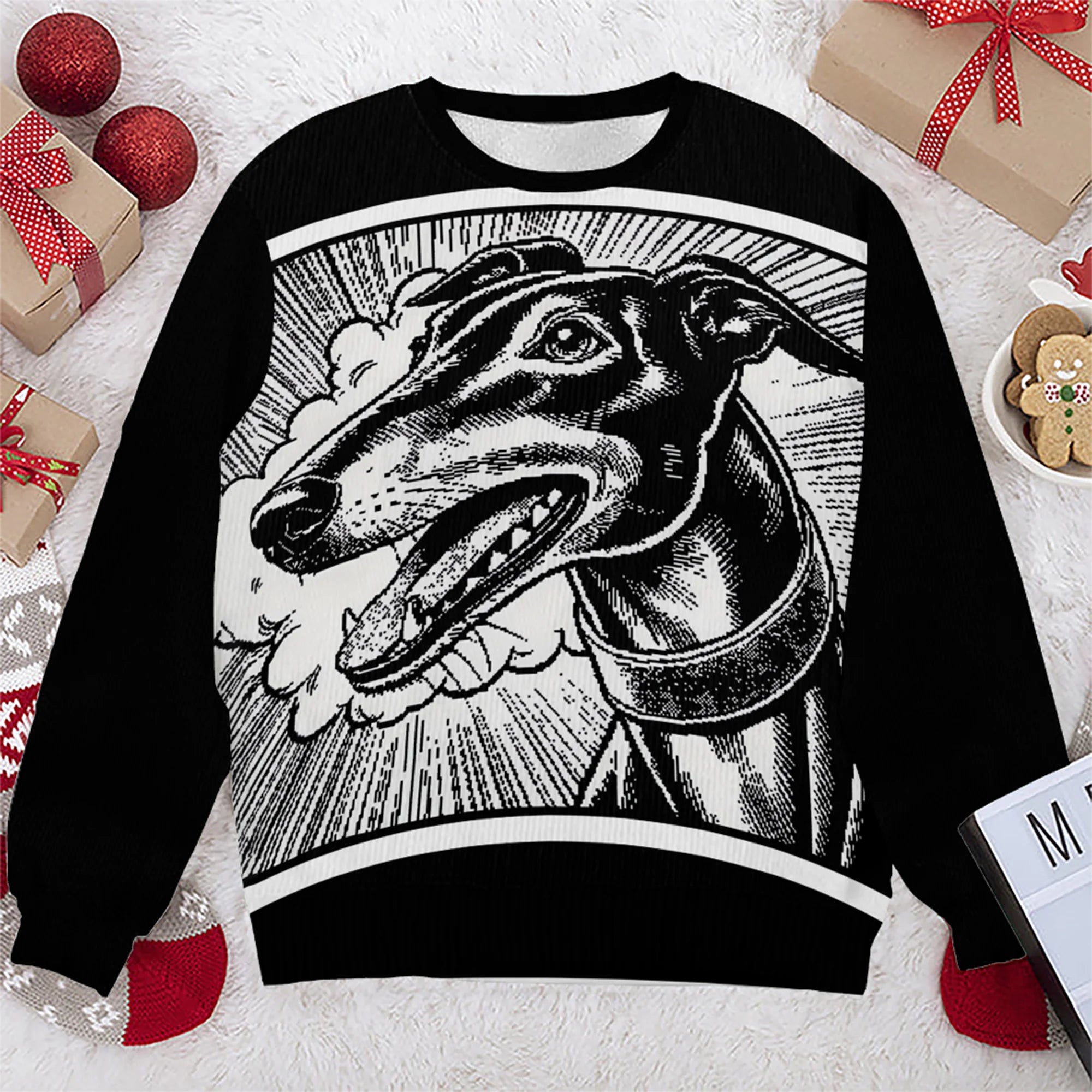 Black Sweater with White Comic-Style Greyhound Head Design Front & Back