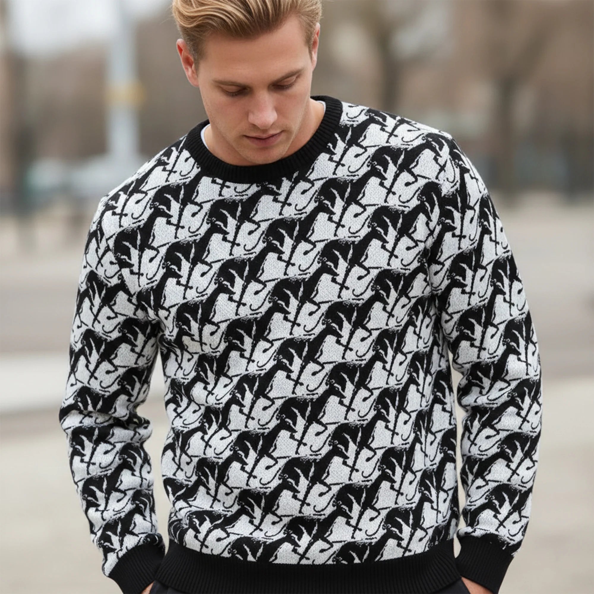 Black Running Greyhound Pattern Extra-Soft Knit Sweater
