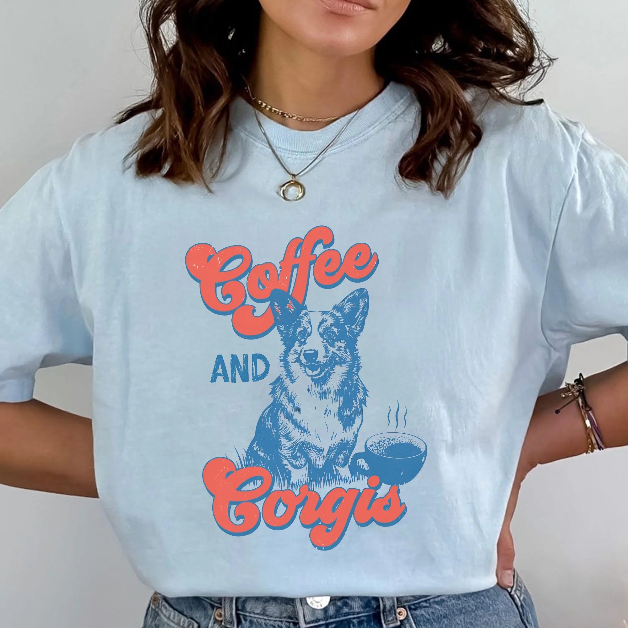 Coffee and Corgis Comfort Colors T-Shirt: Retro Dog Mom Tee