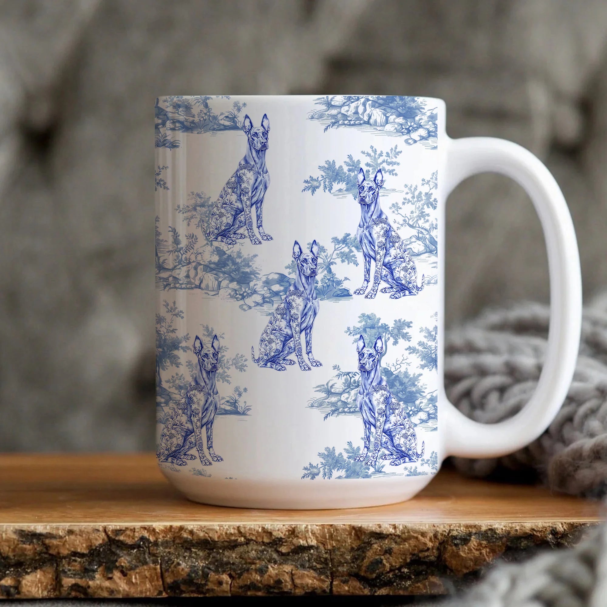 Custom Doberman Pinscher Coffee Mugs, French Blue Toile Doberman