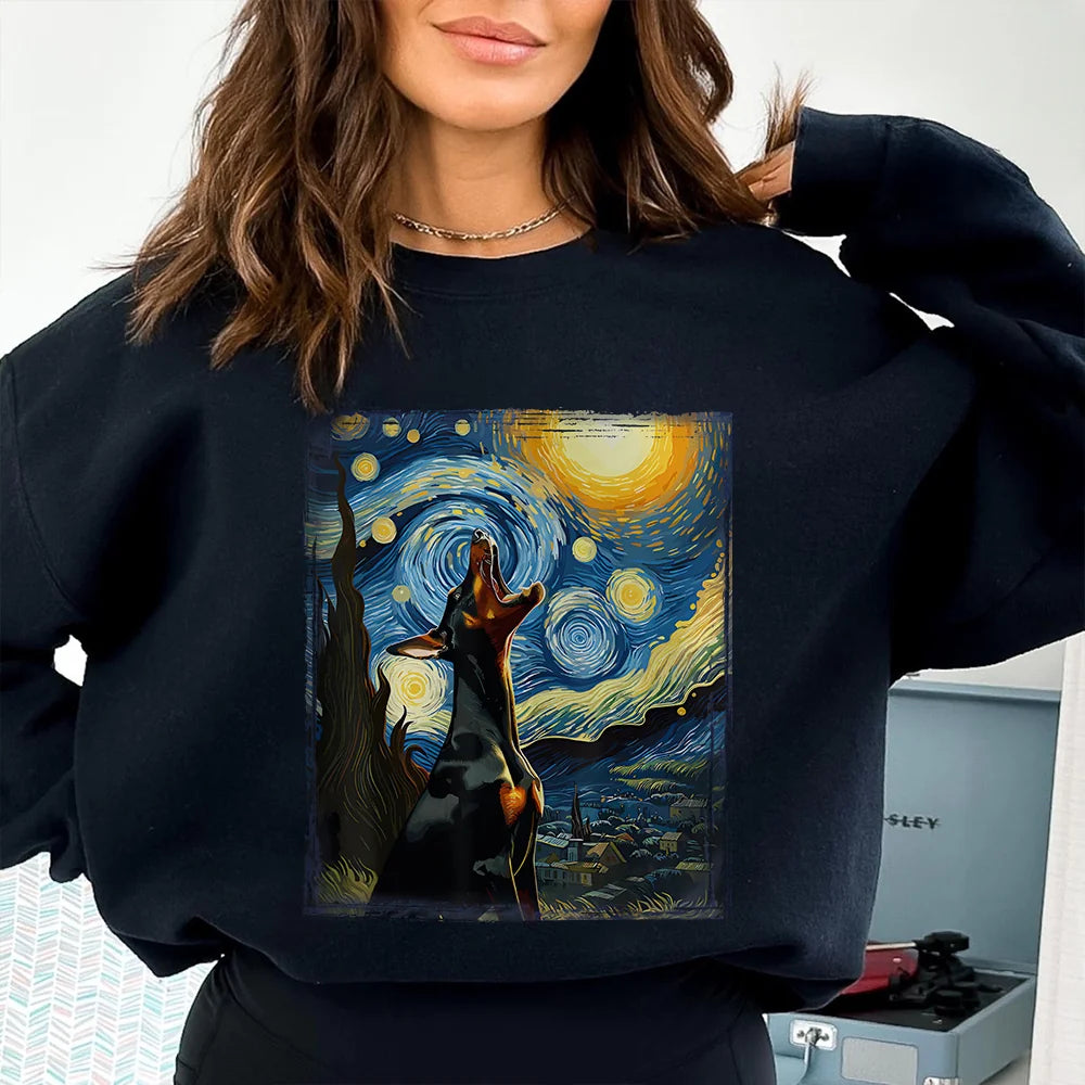 Starry Night Dog T‑Shirt, Van Gogh Inspired Doberman T-Shirt