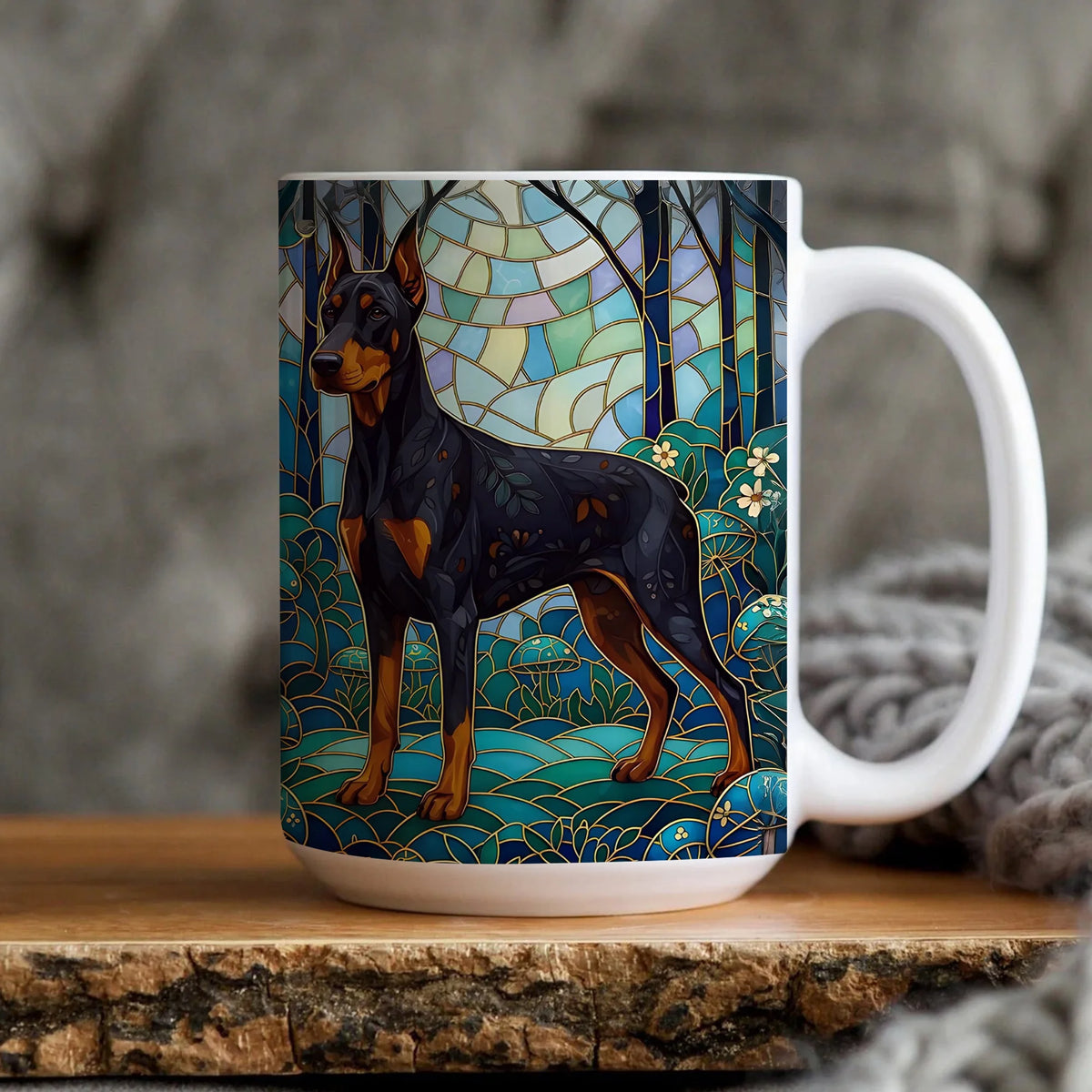 Doberman Coffee Mug Faux Stained Glass Ceramic Cup Gift For Dog Lover