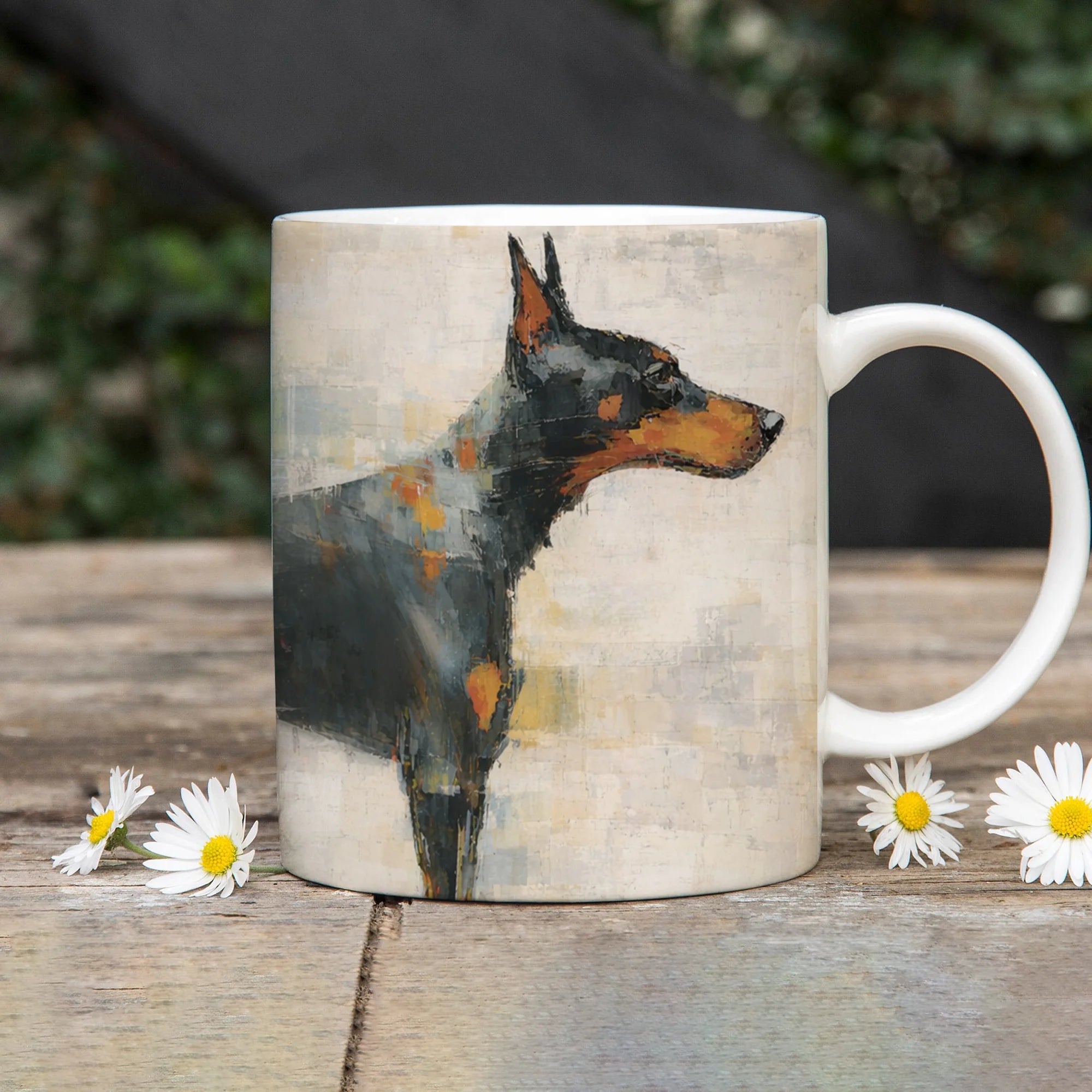 Artistic Doberman Coffee Mug: Black and Tan Dog Design