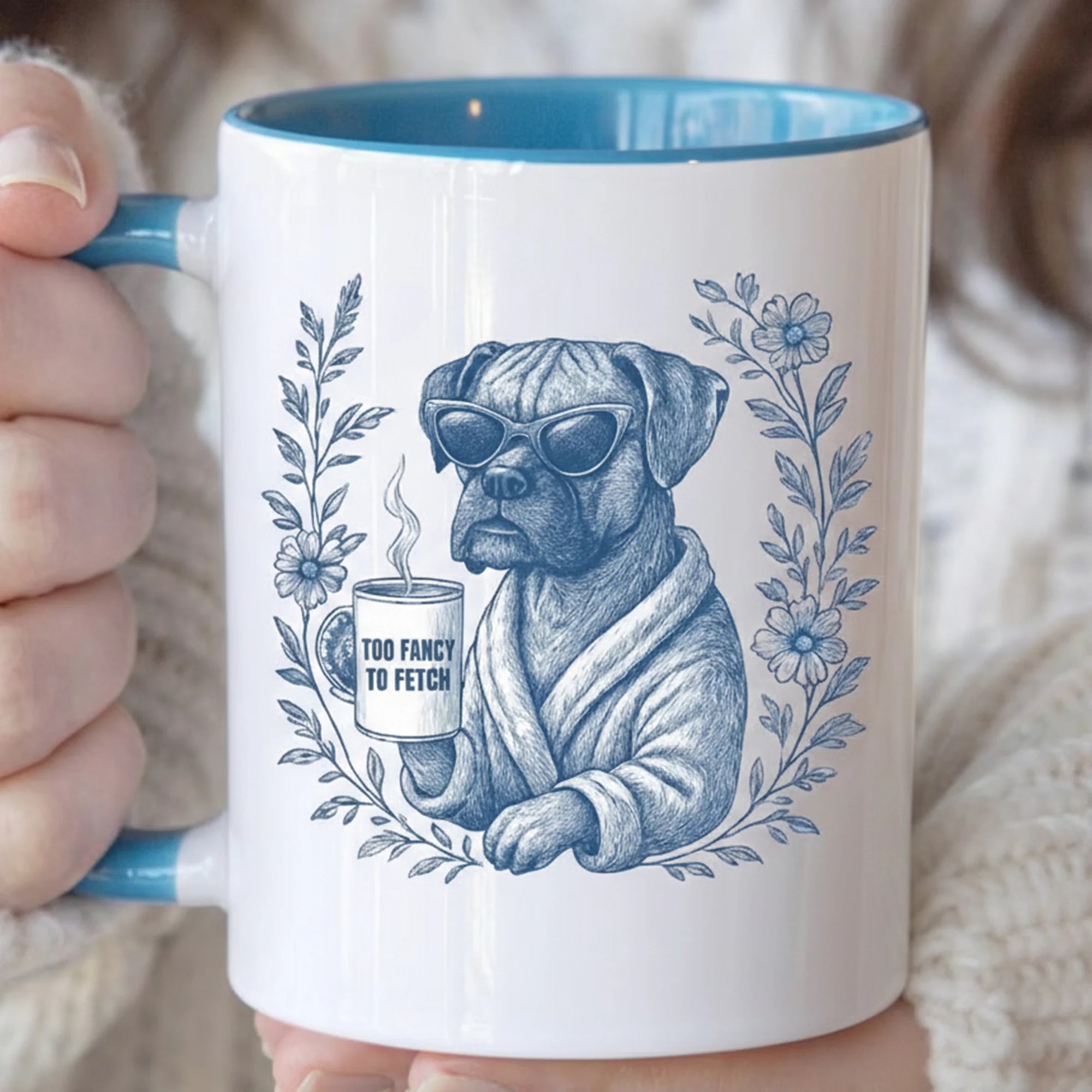 Funny Boxer Dog Toile Mug, Boxer Dog Mom Gift, Too Fancy To Fetch Mug