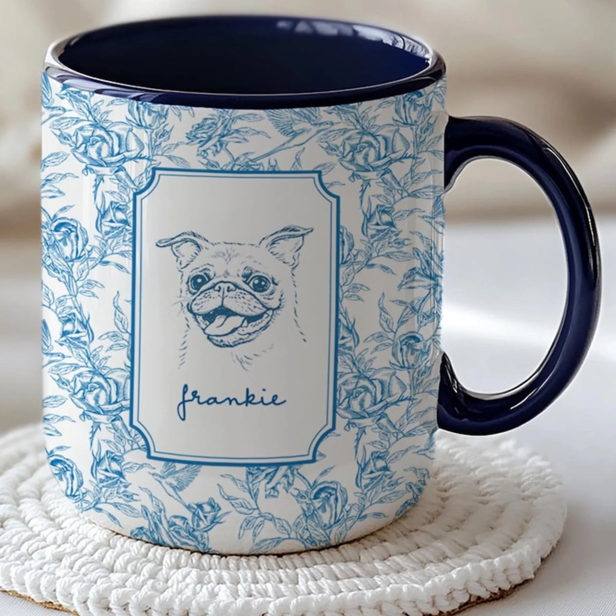 Personalized Toile De Jouy Pet Portrait Mug: Custom French Country Dog or Cat Coffee Cup