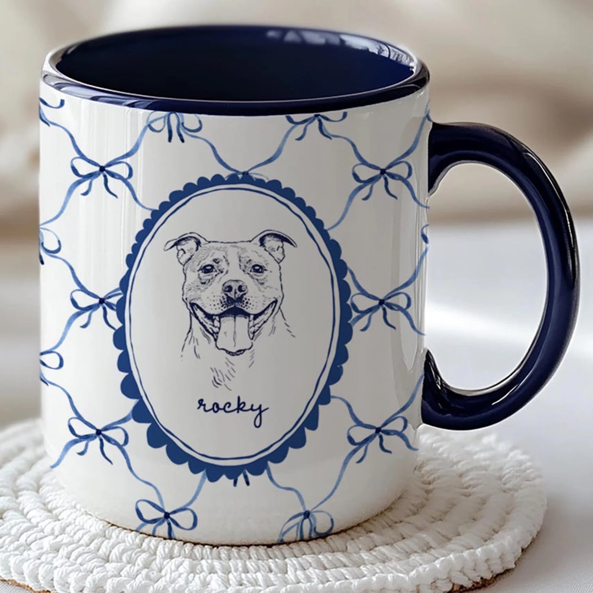 Personalized Pet Portrait Mug: Coquette Bow Dog or Cat Drawing Coffee Cup