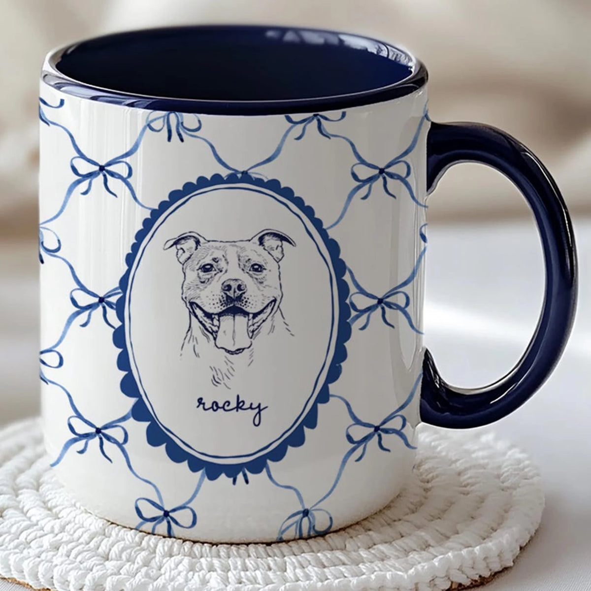 Personalized Pet Portrait Mug: Coquette Bow Dog or Cat Drawing Coffee Cup