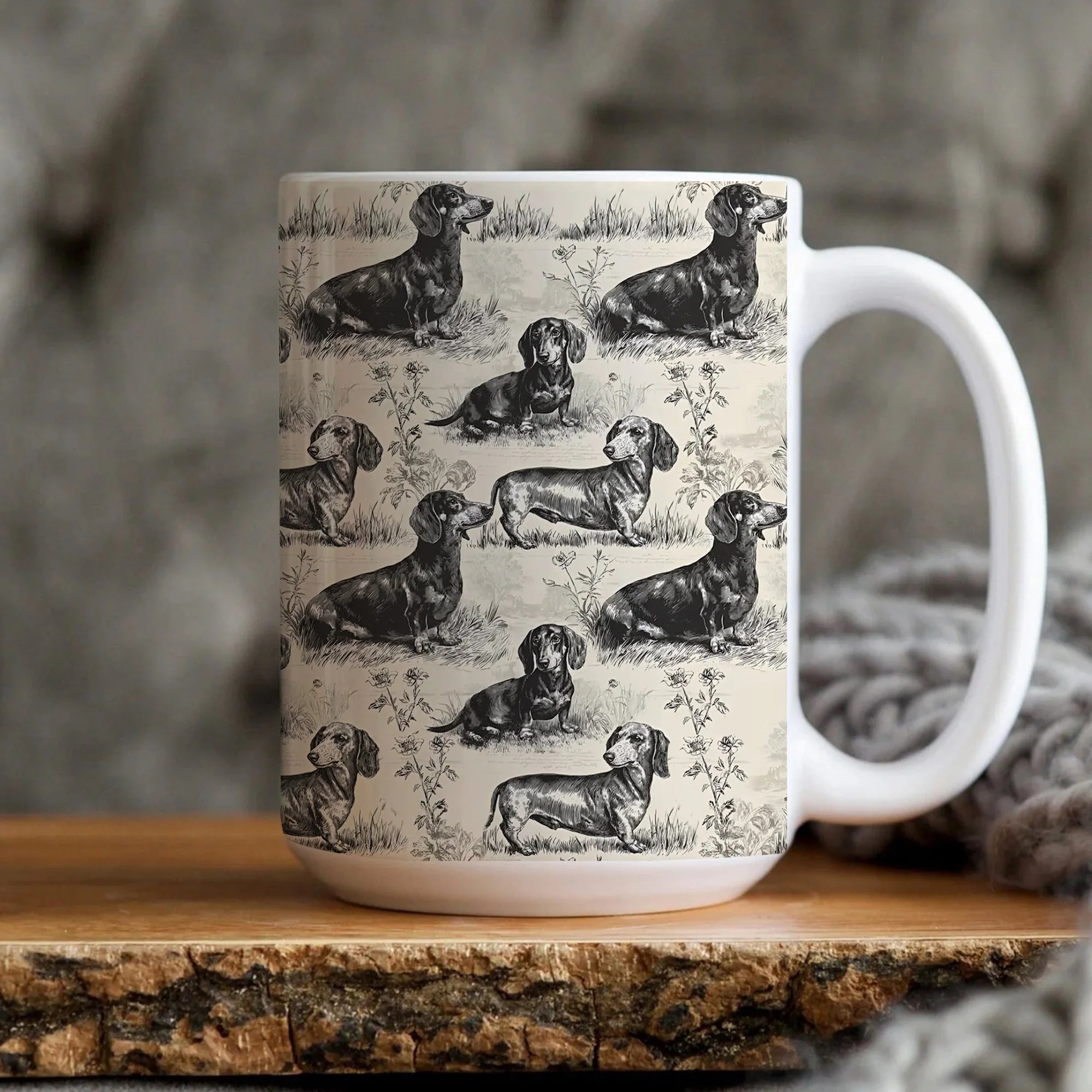 Vintage Toile Dachshund Mug: Sketch Art Sausage Dog Coffee Cup