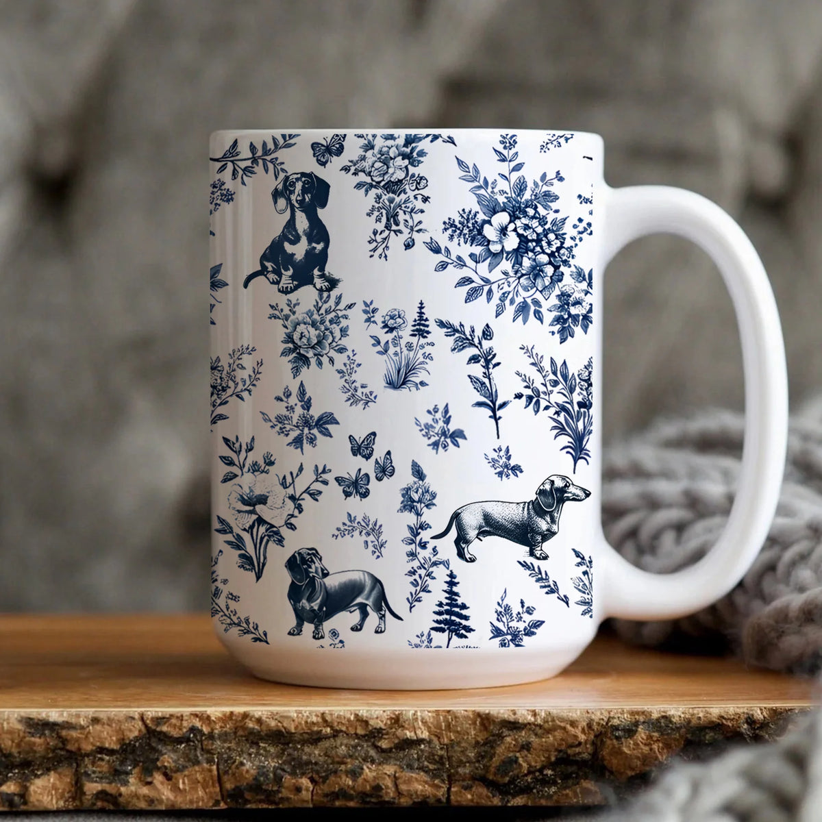 Dachshund French Toile de Jouy Mug , Blue Toile Coffee Cup for Doxie Mom