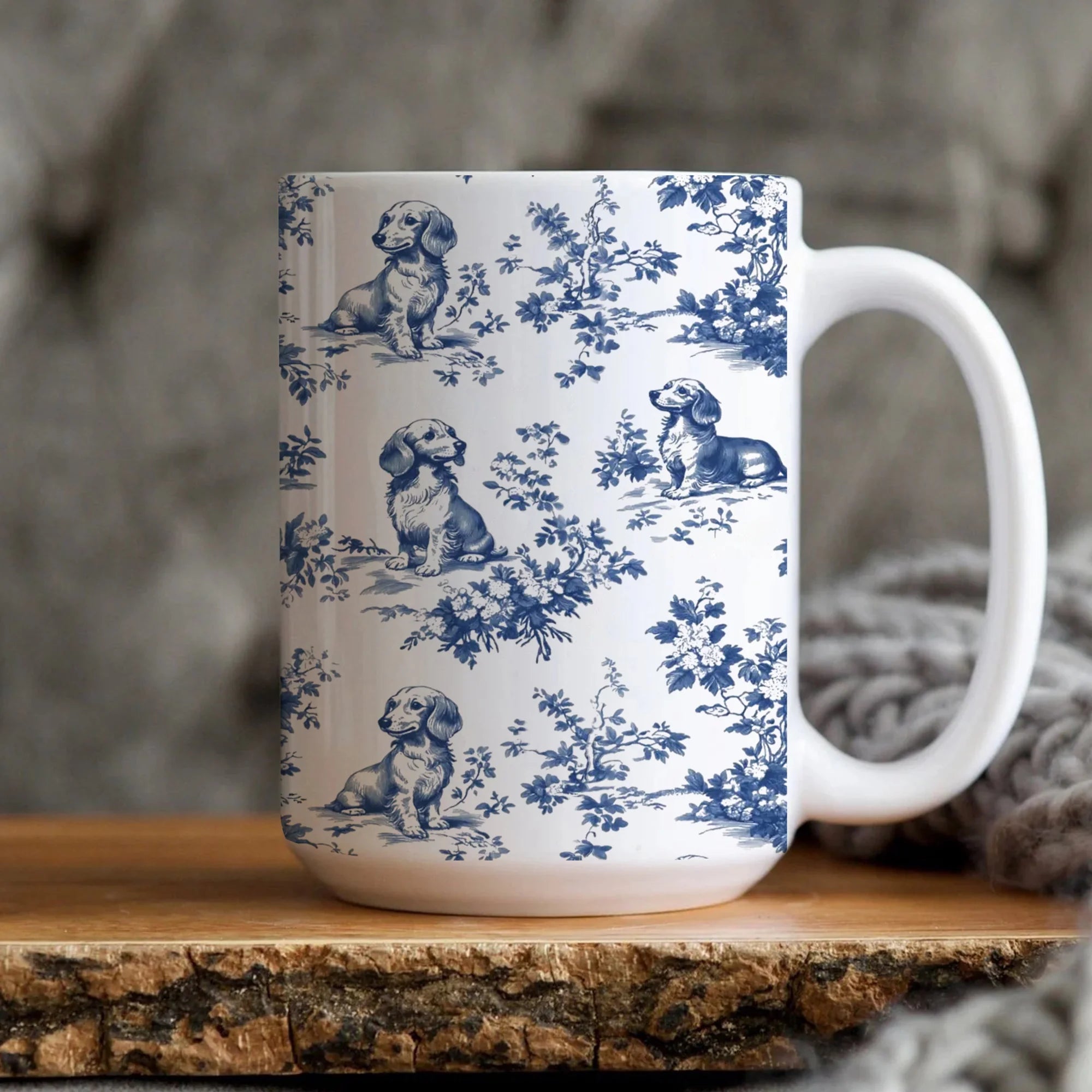 Longhaired Dachshund French Toile Mug - Elegant Toile de Jouy Coffee Cup