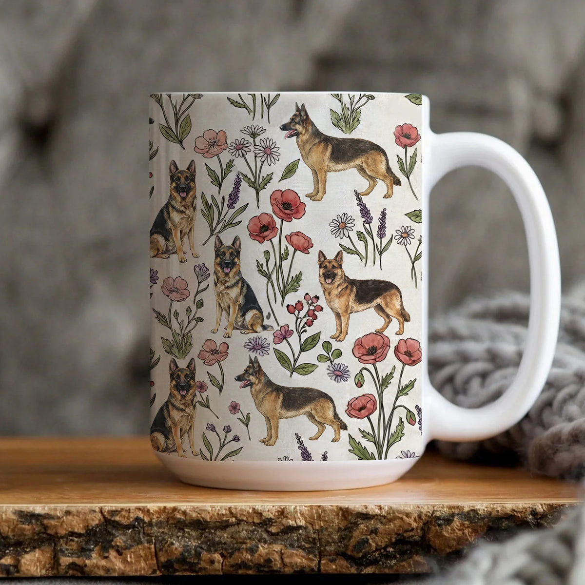 German Shepherd Floral Accent Coffee Mug, 11oz &amp; 15oz, German Shepherd Tea Cup Gift
