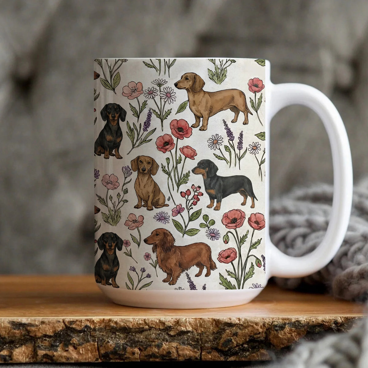 Dachshund Floral Accent Coffee Mug, 11oz &amp; 15oz, Doxie Weiner dog Tea Cup Gift