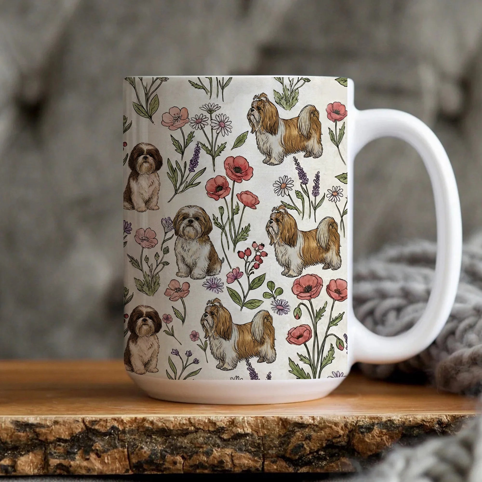 Shih Tzu Floral Accent Coffee Mug, 11oz & 15oz, Shih Tzu dog Tea Cup Gift, Pet Owner Gift