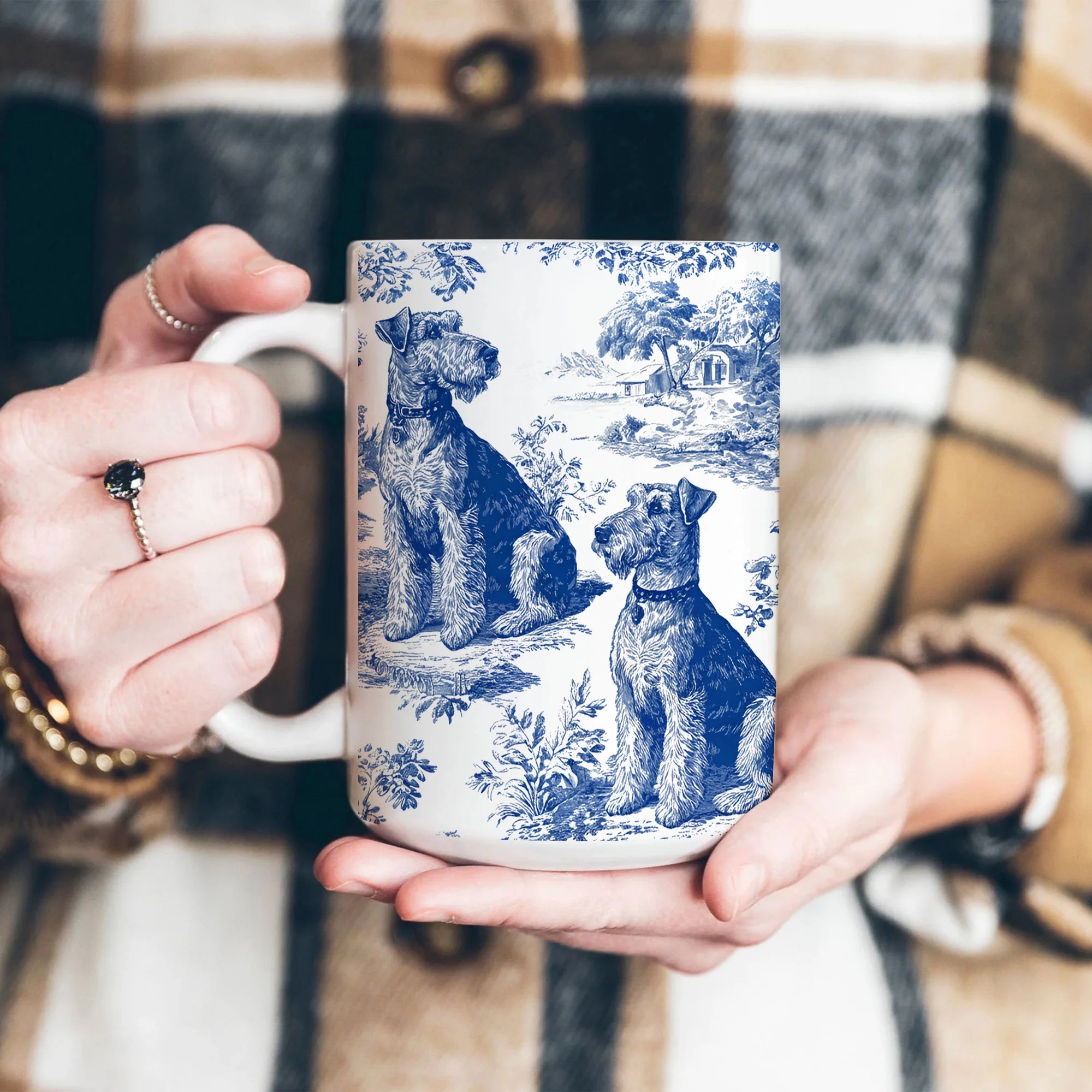 Airedale Terrier Toile Mug, Blue French Toile Coffee Cup Gift