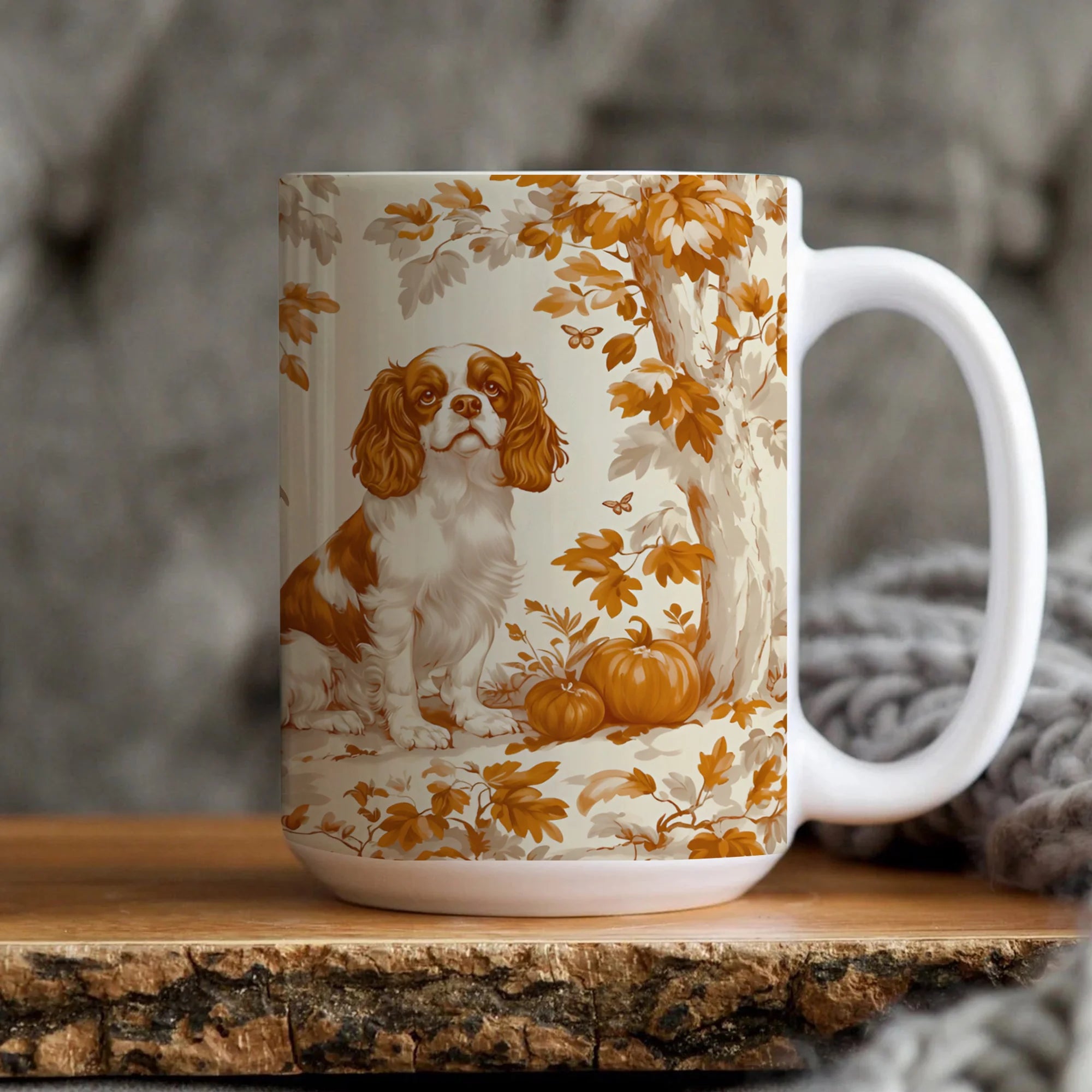 Fall Toile Cavalier King Charles Spaniel Mug, Autumn Leaves Toile Coffee Cup