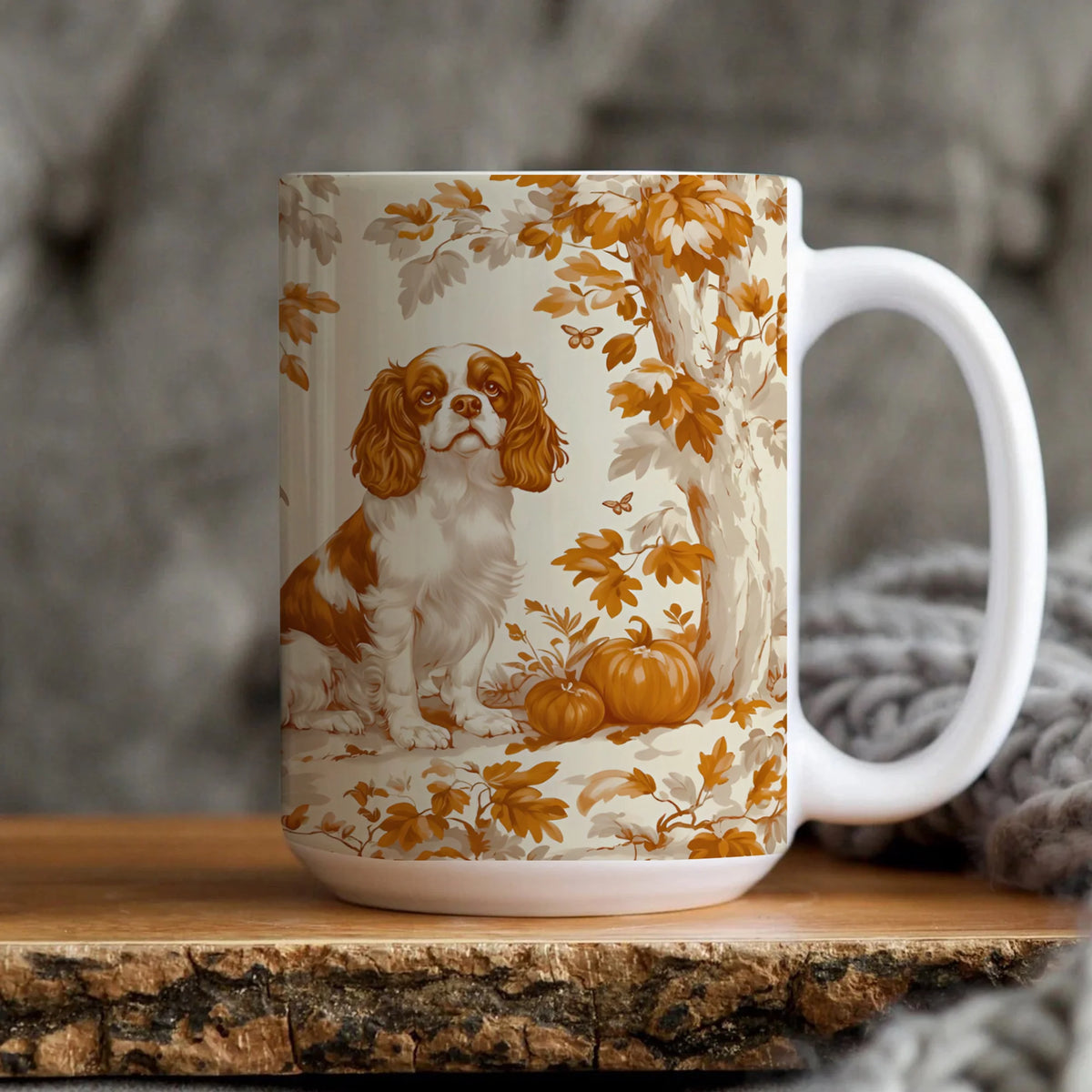 Fall Toile Cavalier King Charles Spaniel Mug, Autumn Leaves Toile Coffee Cup