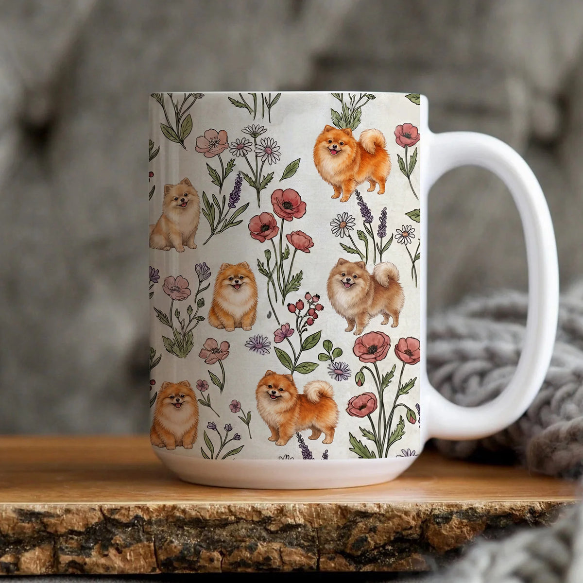 Pomeranian Puppy Floral Poms Accent Coffee Mug, Pomeranian Dog Tea Cup Gift for Dog mom