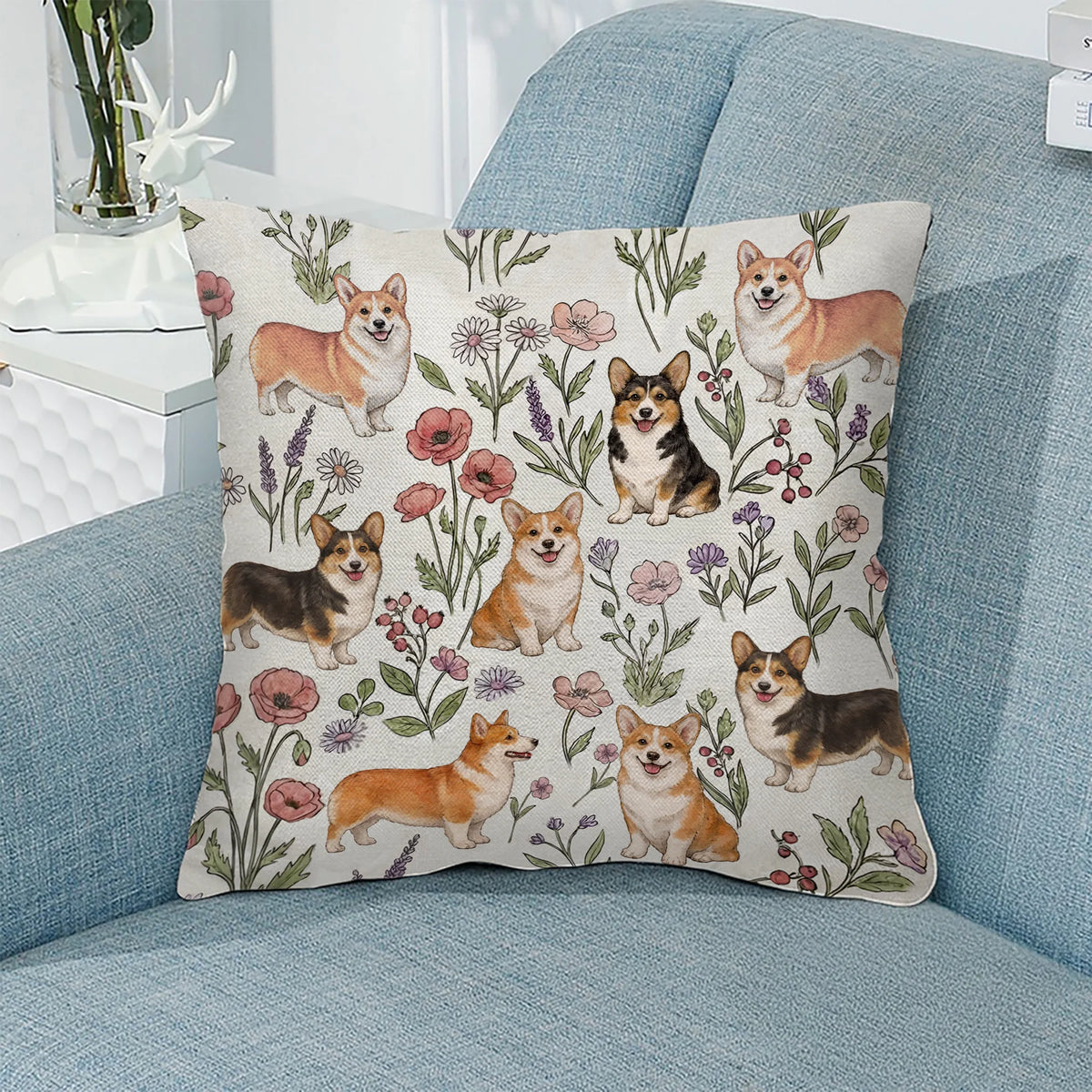Welsh Corgi Floral Accent Pillow, Cute Dog Lover Throw Pillow, Corgi Home Decor Gift