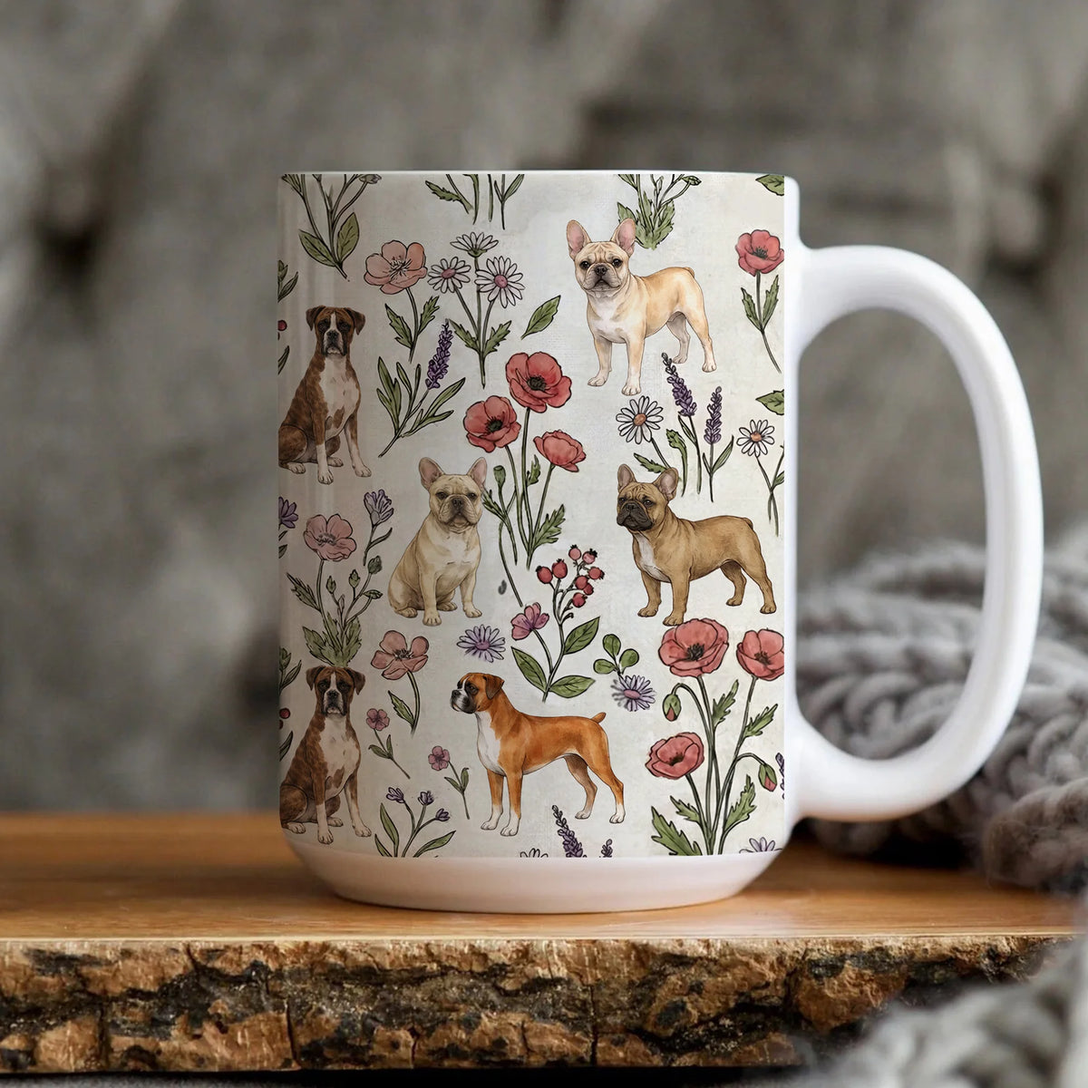Frenchie and Boxer Dog Floral Accent Coffee Mug, Boxer Puppy and FrenchieTea Cup Gift