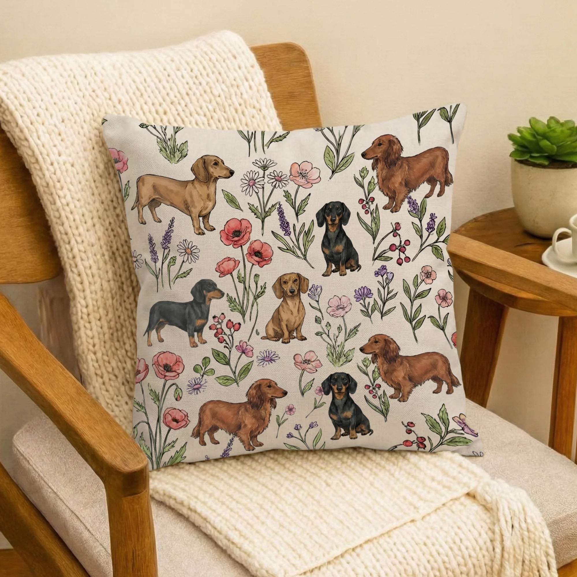 Dachshund Floral Pattern Pillow Cover| Wiener Dog Poppies Throw Pillow Cover, Doxie Mom Gift