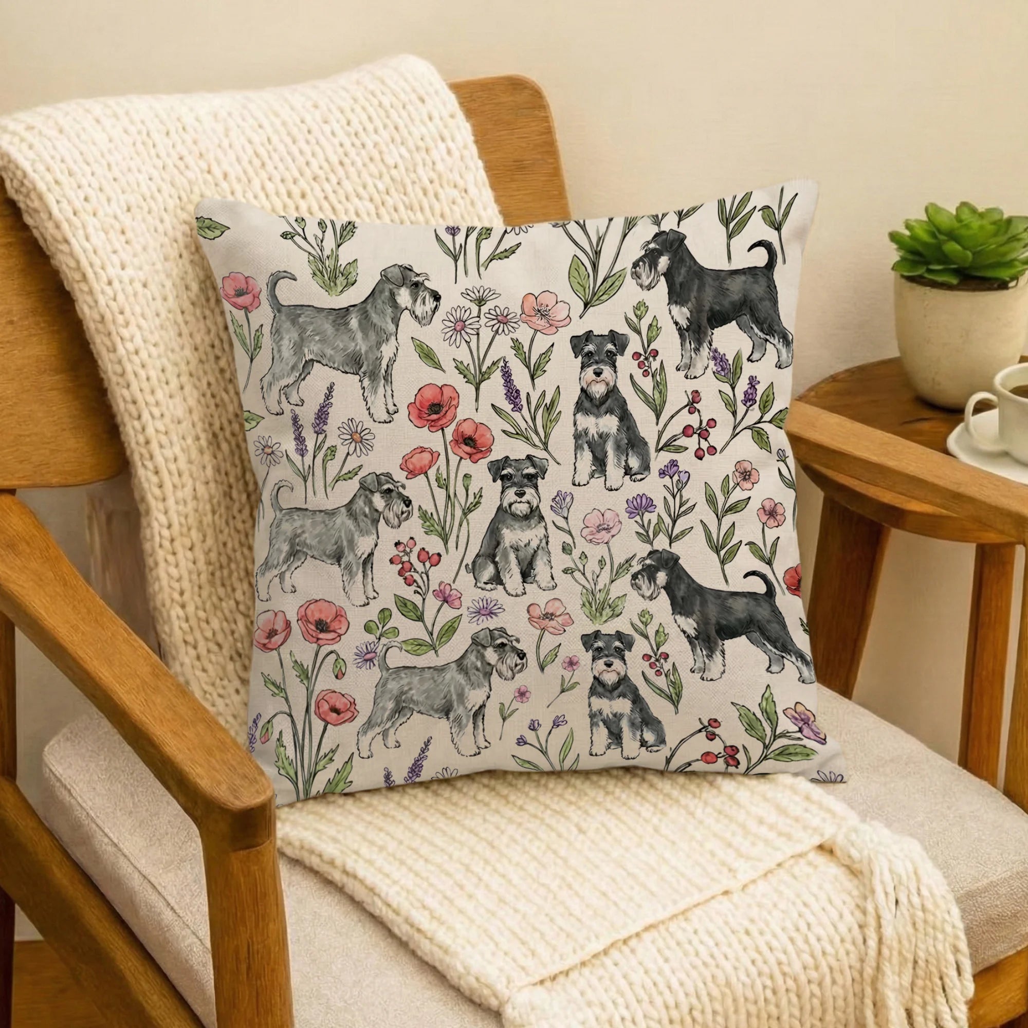 Mini Schnauzer Floral Pillow Cover| Schnauzer Throw Pillow Cover for Couch or Bed