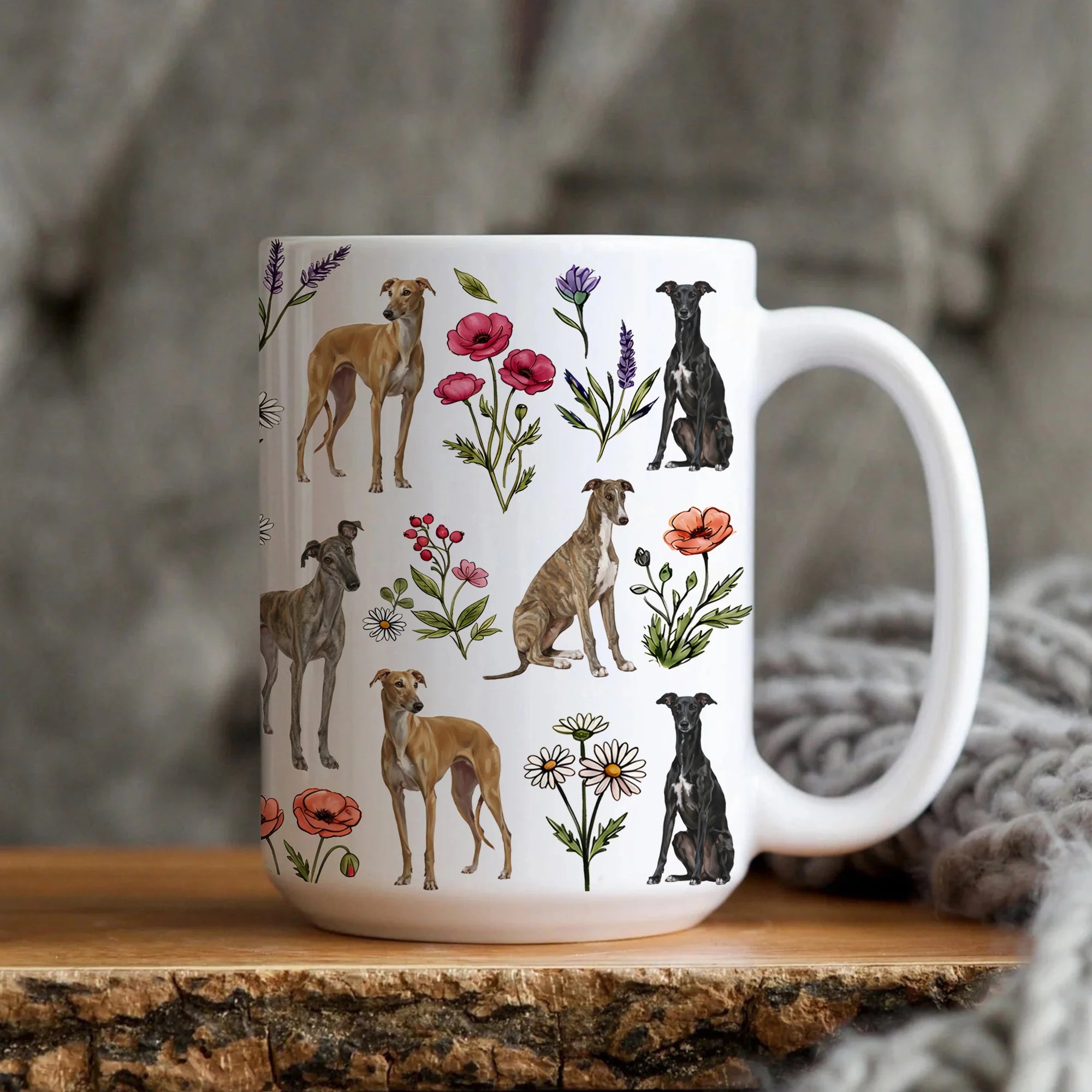Greyhound Floral Accent Coffee Mug, Elegant Greyhound Dog Tea Cup Gift