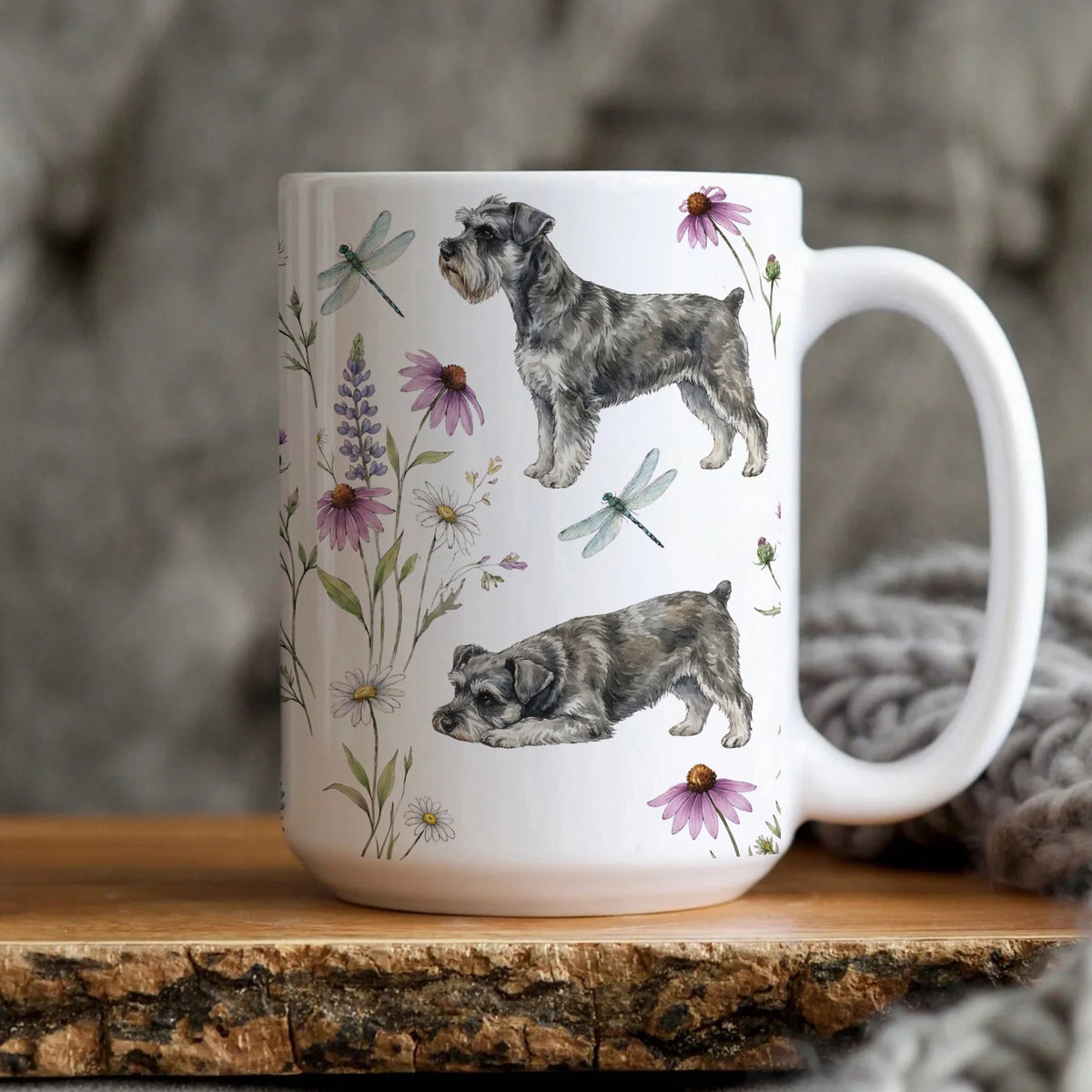 Mini Schnauzer Floral Pattern Coffee Mug | Wildflowers Dragonflies Schnauzer Tea Cup Gift