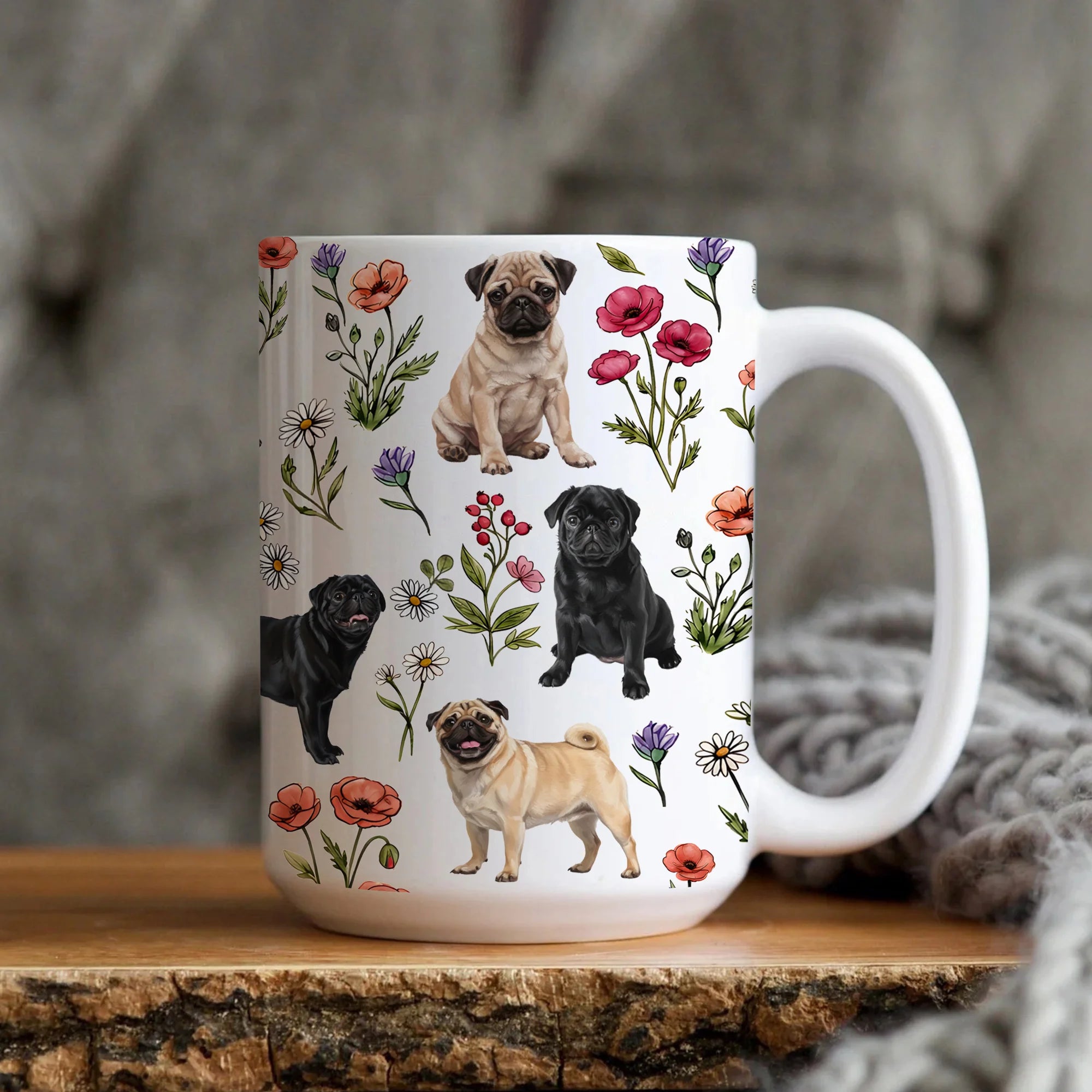 Pug Floral Accent Coffee Mug, Cute Pug Dog Tea Cup Gift