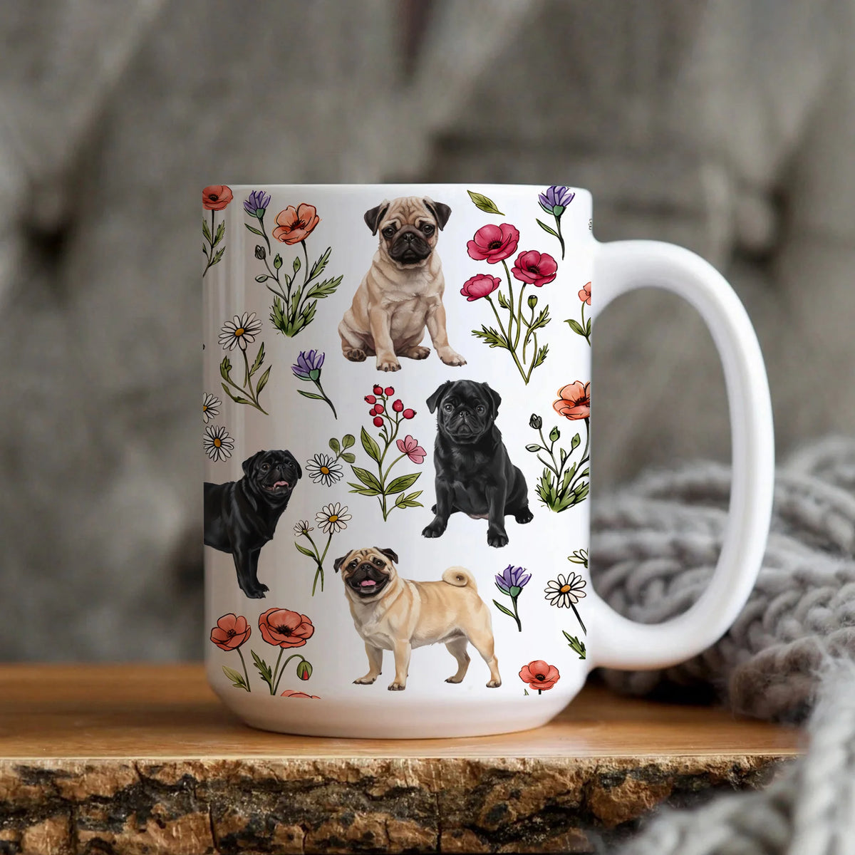 Pug Floral Accent Coffee Mug, Cute Pug Dog Tea Cup Gift