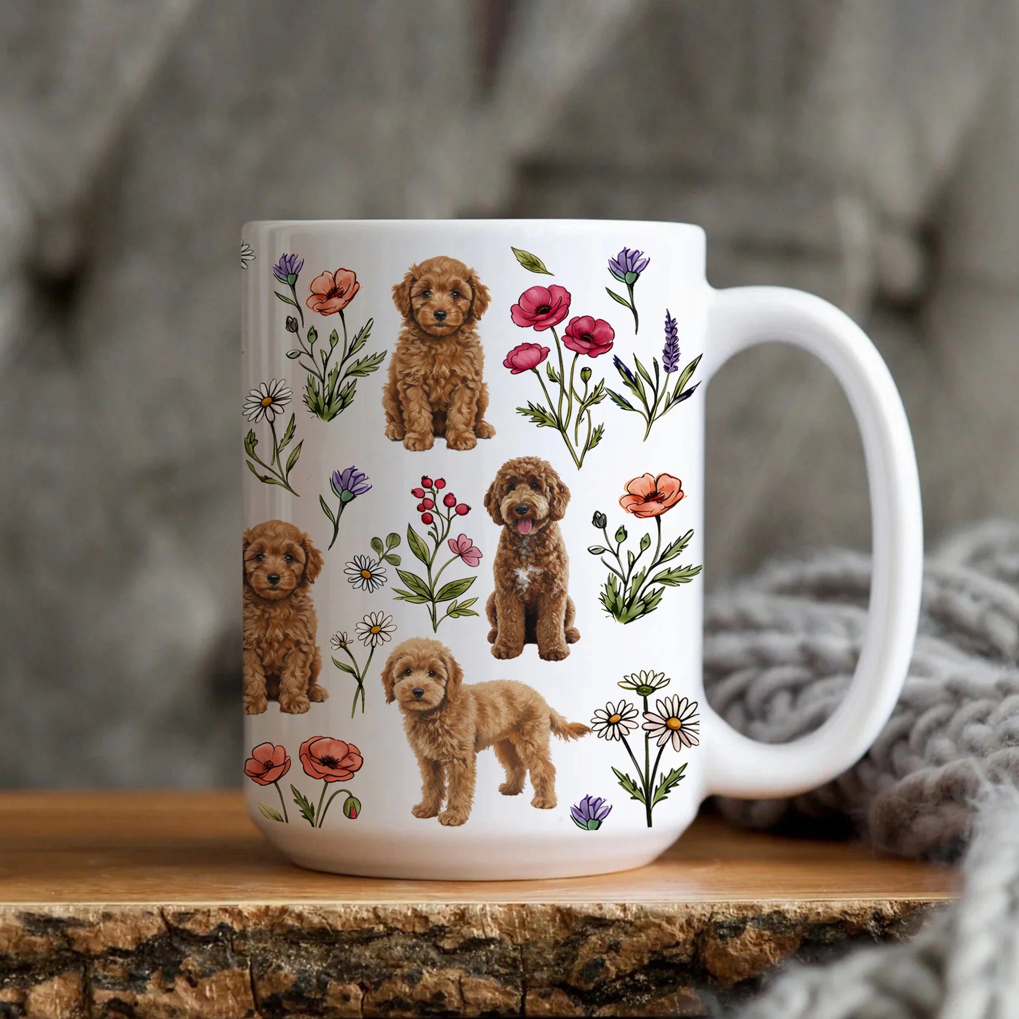 Doodle Floral Accent Coffee Mug, Cute Doodle Dog Tea Cup Gift
