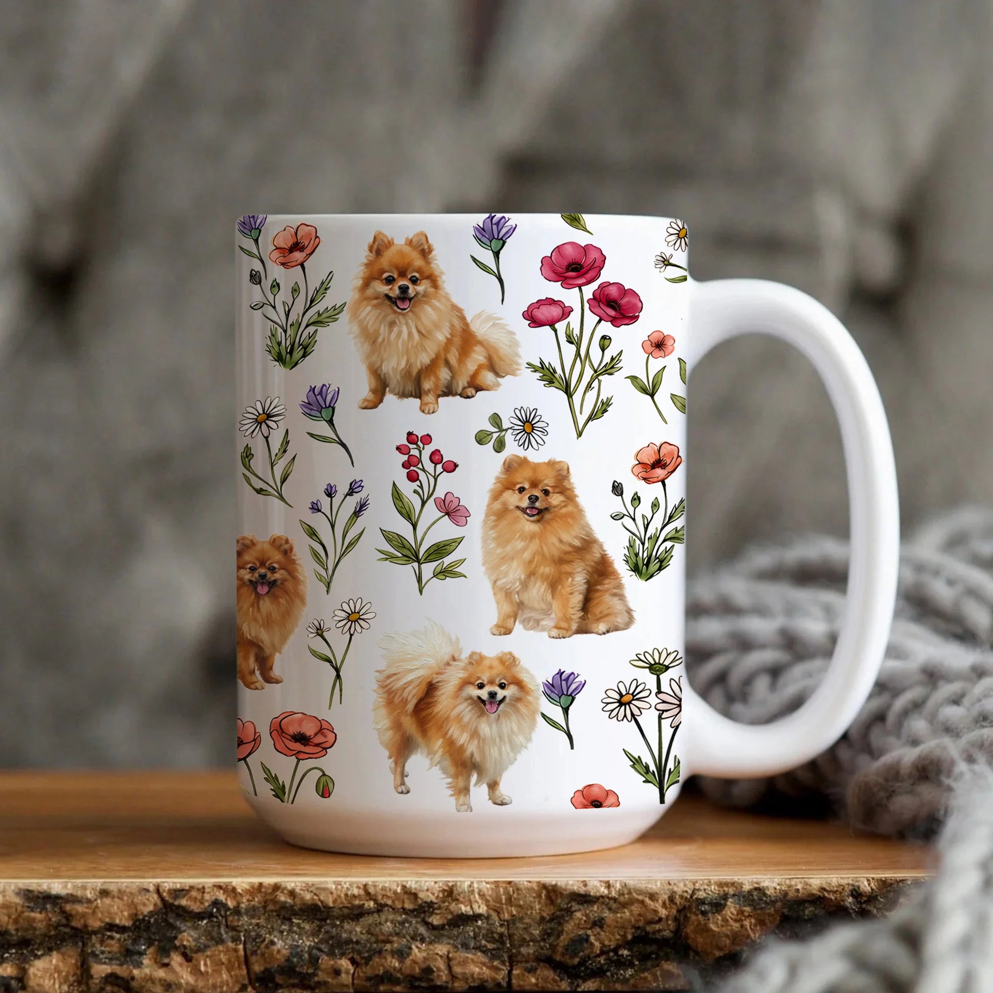 Pomeranian Floral Accent Coffee Mug, Cute Pomeranian Dog Tea Cup Gift