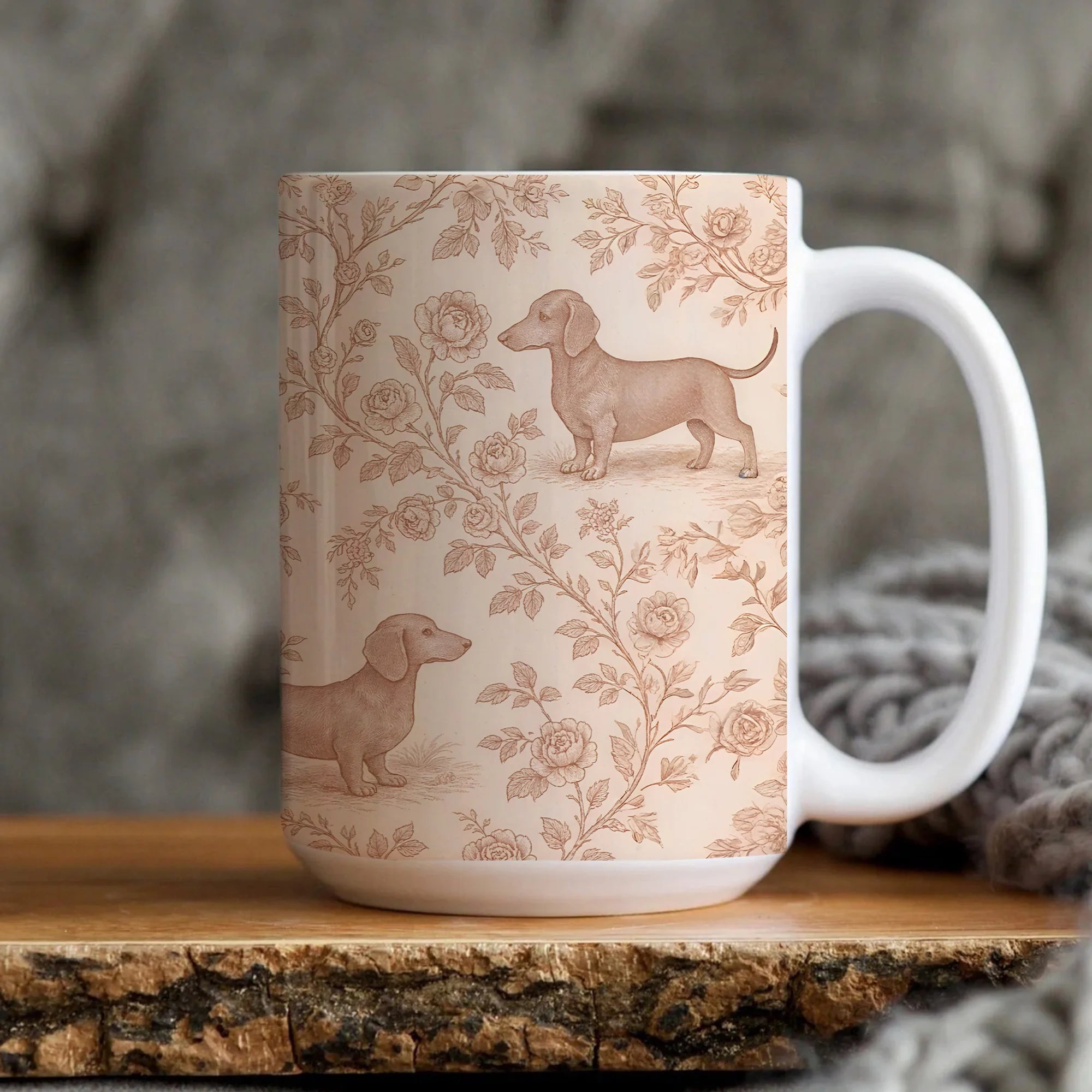 Dachshund French Toile de Jouy Mug, Coffee Cup for Doxie Mom, Sausage Dog Lover Gifts