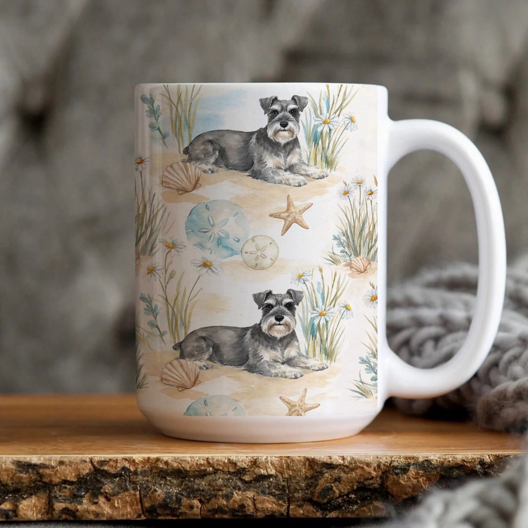 Mini Schnauzer Beach Pattern Tea Mug | Schnauzer Summer Accent Coffee Mug