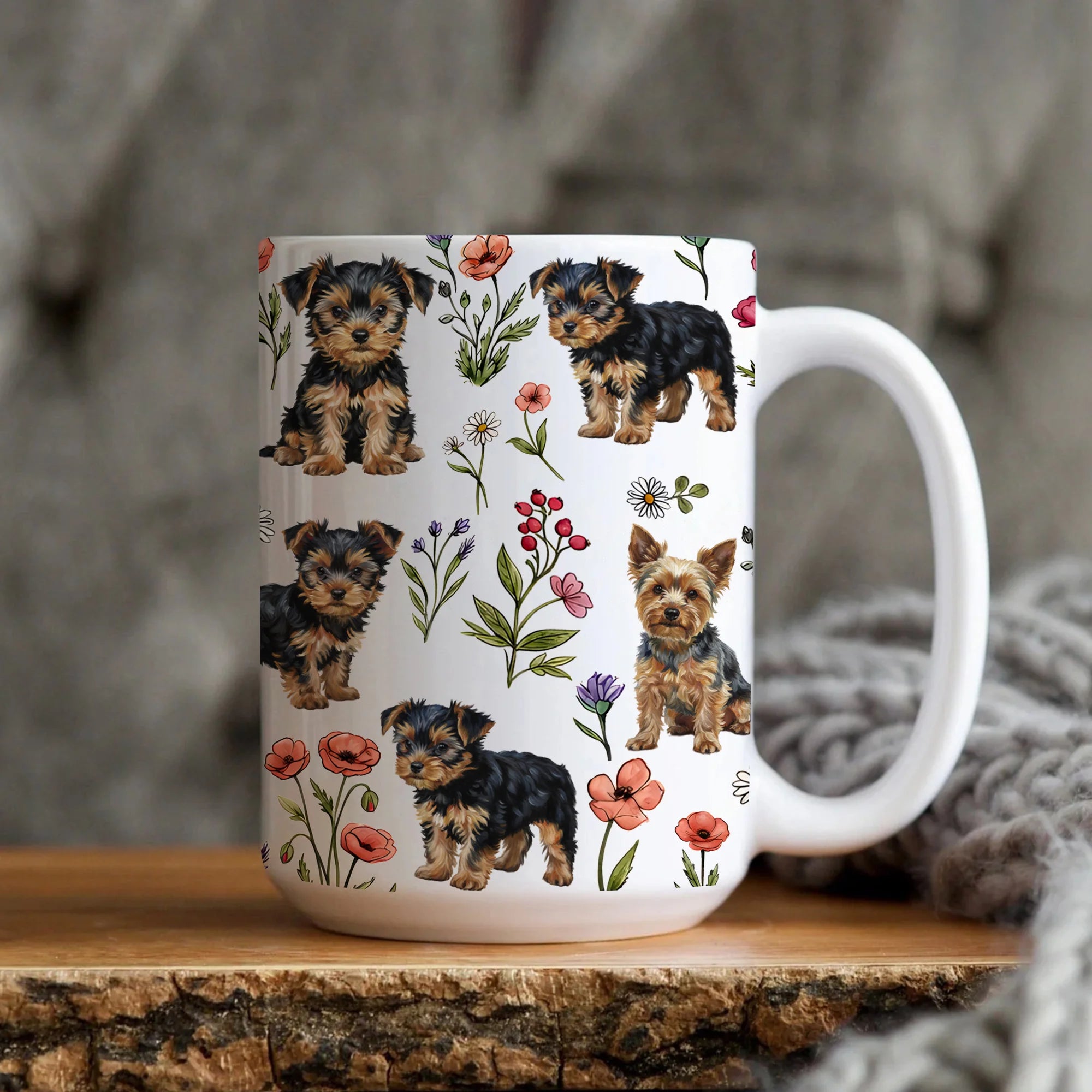 Yorkshire Terrier Floral Accent Coffee Mug, Cute Yorkshire Terrier Dog Tea Cup Gift
