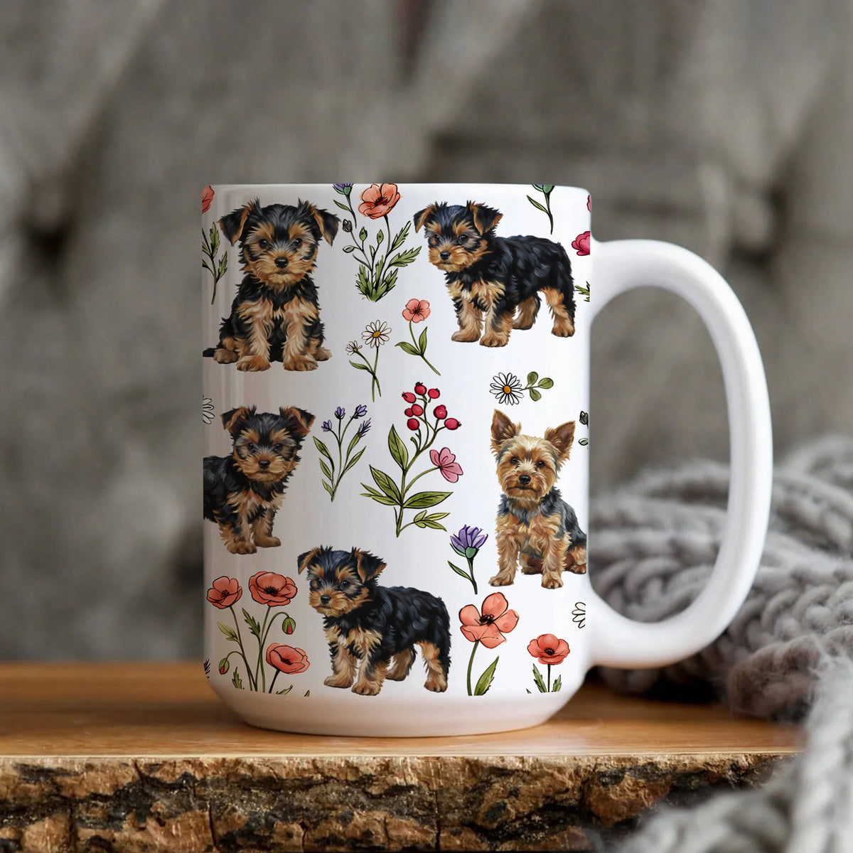 Yorkshire Terrier Floral Accent Coffee Mug, Cute Yorkshire Terrier Dog Tea Cup Gift