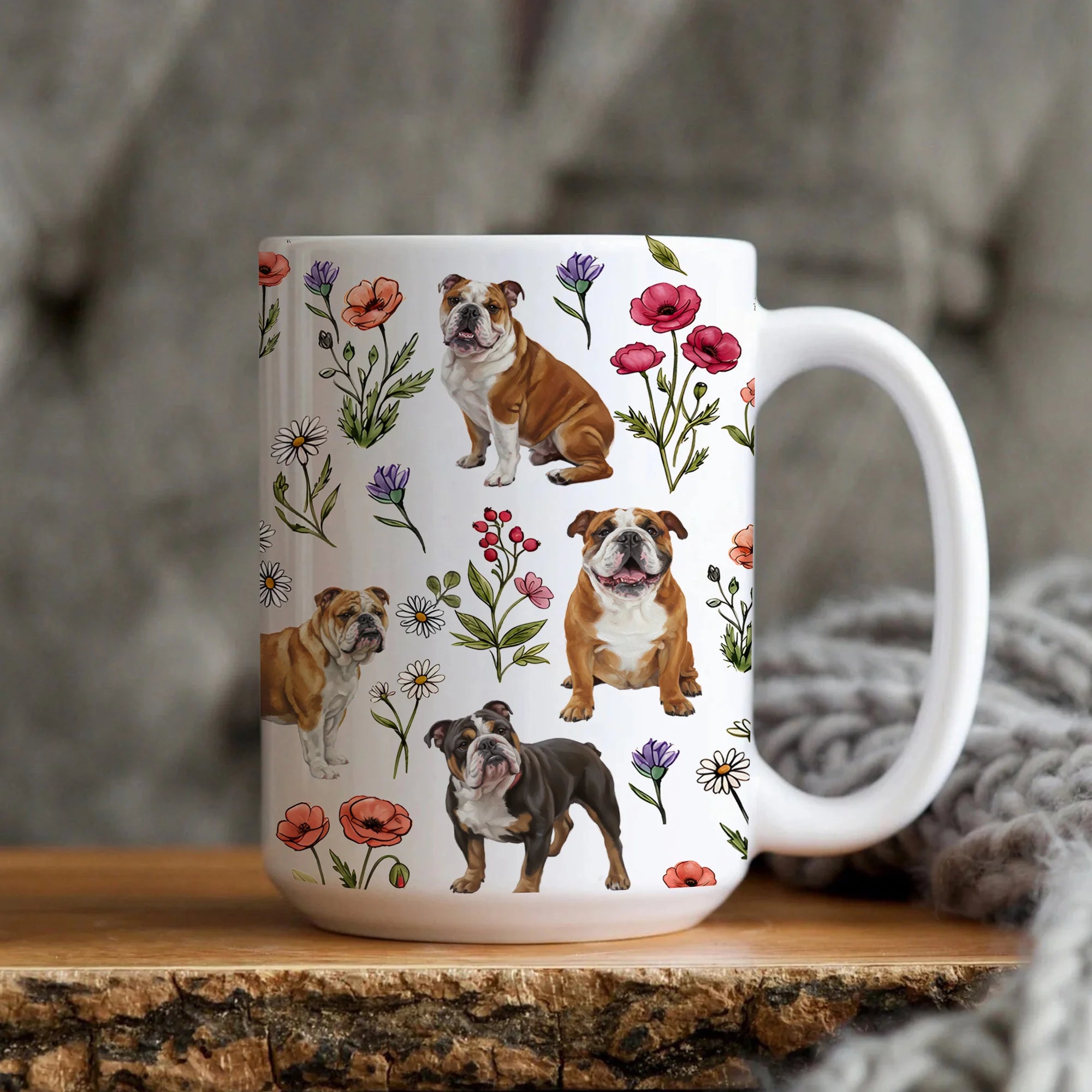 English Bulldog Floral Accent Coffee Mug, Cute English Bulldog Dog Tea Cup Gift