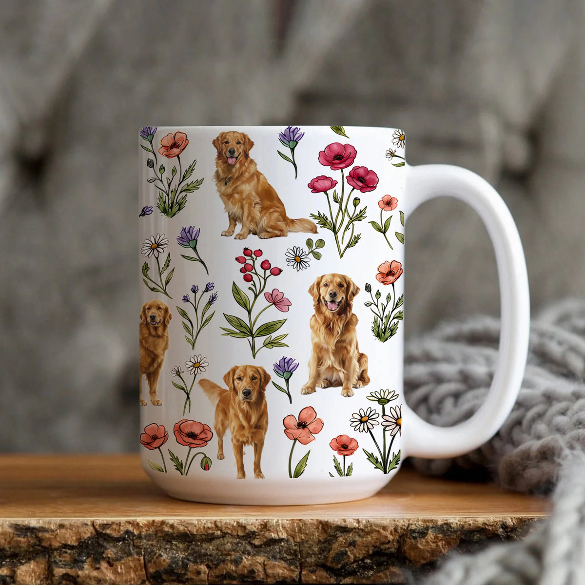 Golden Retriever Floral Accent Coffee Mug, Cute Golden Retriever Dog Tea Cup Gift