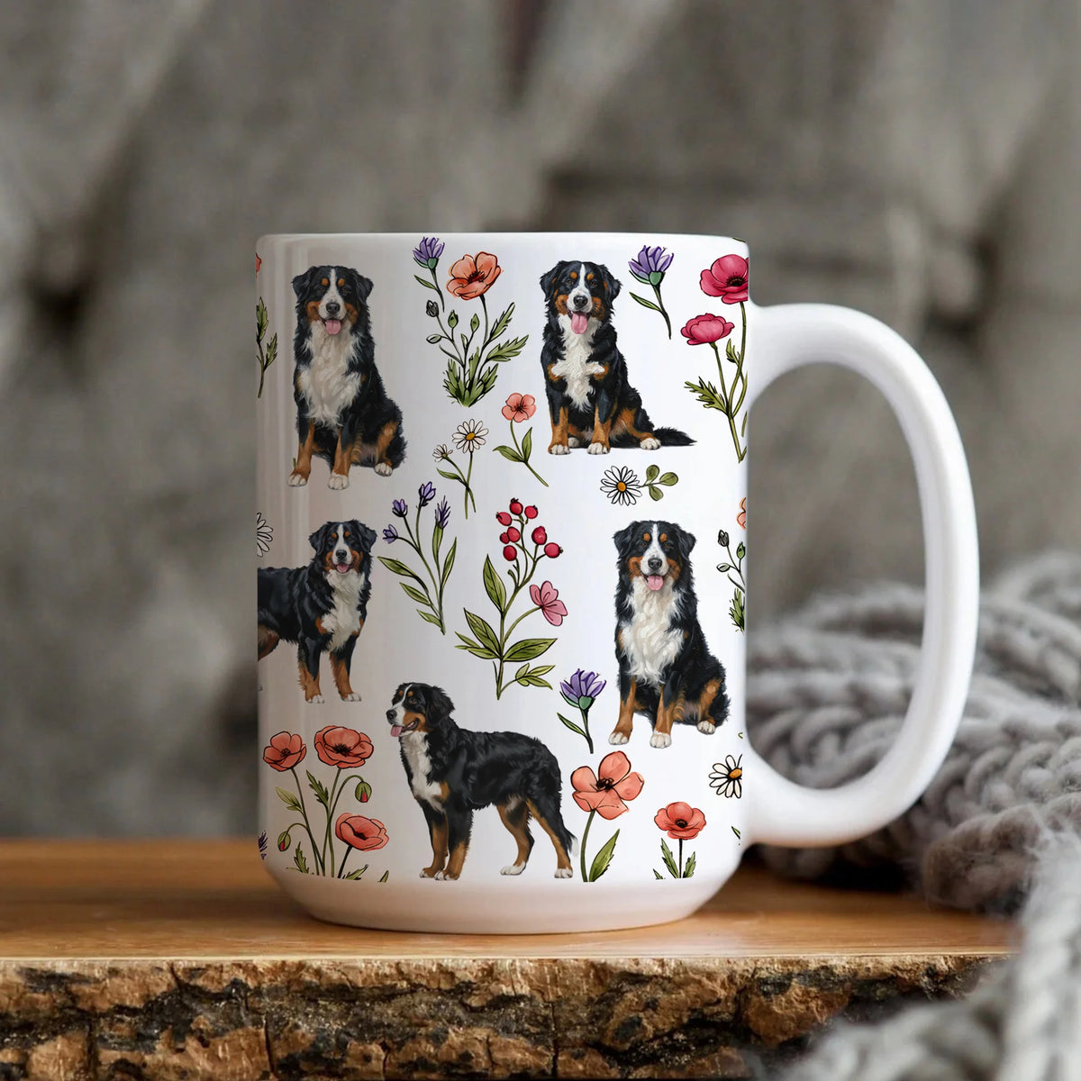 Bernese Mountain Dog Floral Accent Coffee Mug, Cute Bernese Mountain Dog Tea Cup Gift