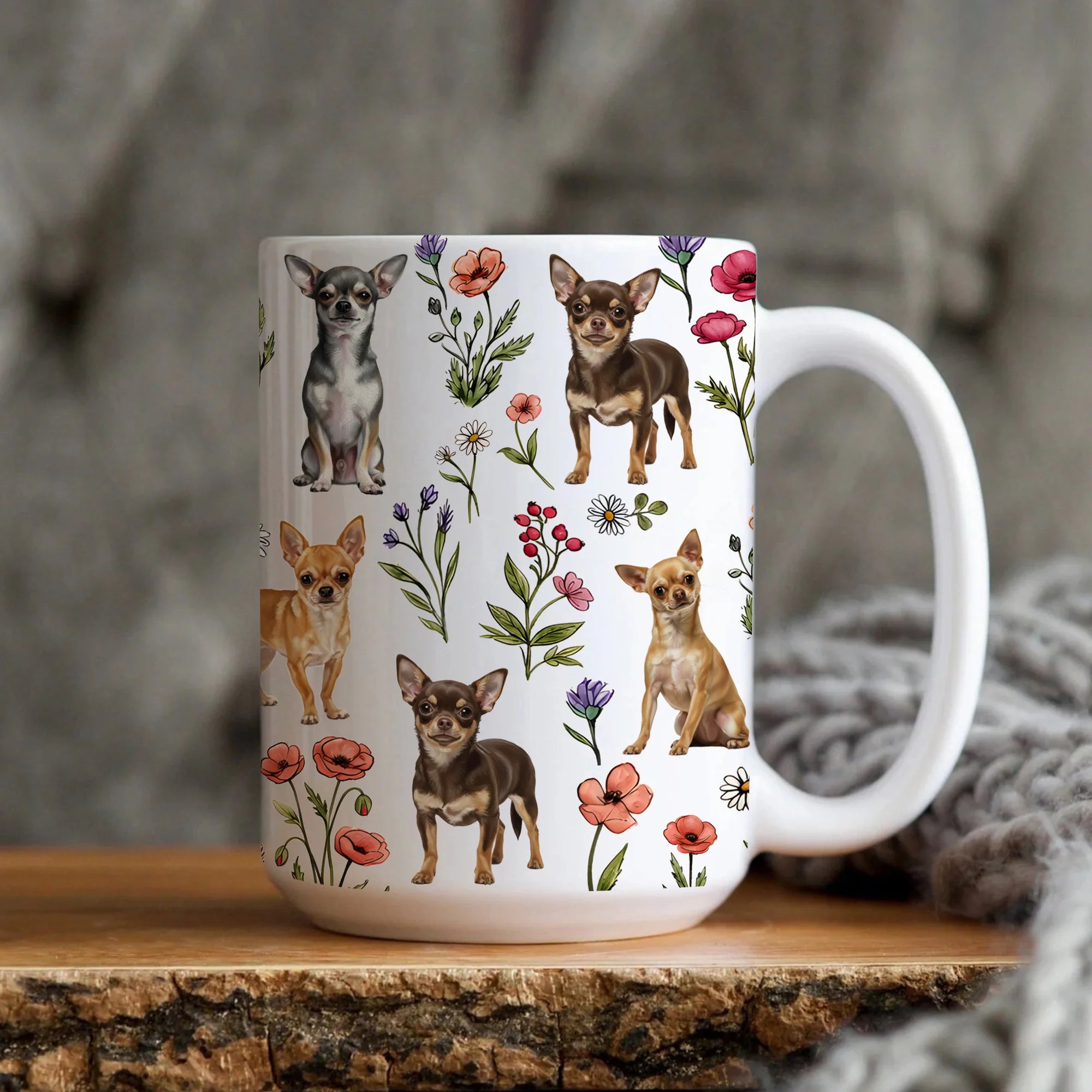 Chihuahua Floral Accent Coffee Mug, Cute Chihuahua Dog Tea Cup Gift